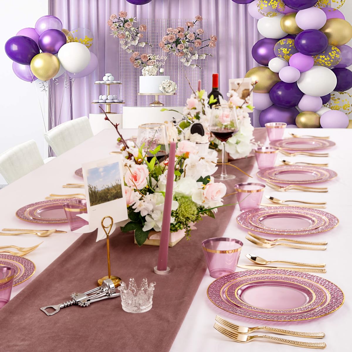 150-Piece Clear Purple & Gold Plastic Party Tableware Set - 25 Dinner Plates, 25 Dessert Plates, 25 Cups, 25 Forks, 25 Knives, 25 Spoons - Elegant Wedding, Birthday & Special Event Disposable Tableware for Easy Cleanup