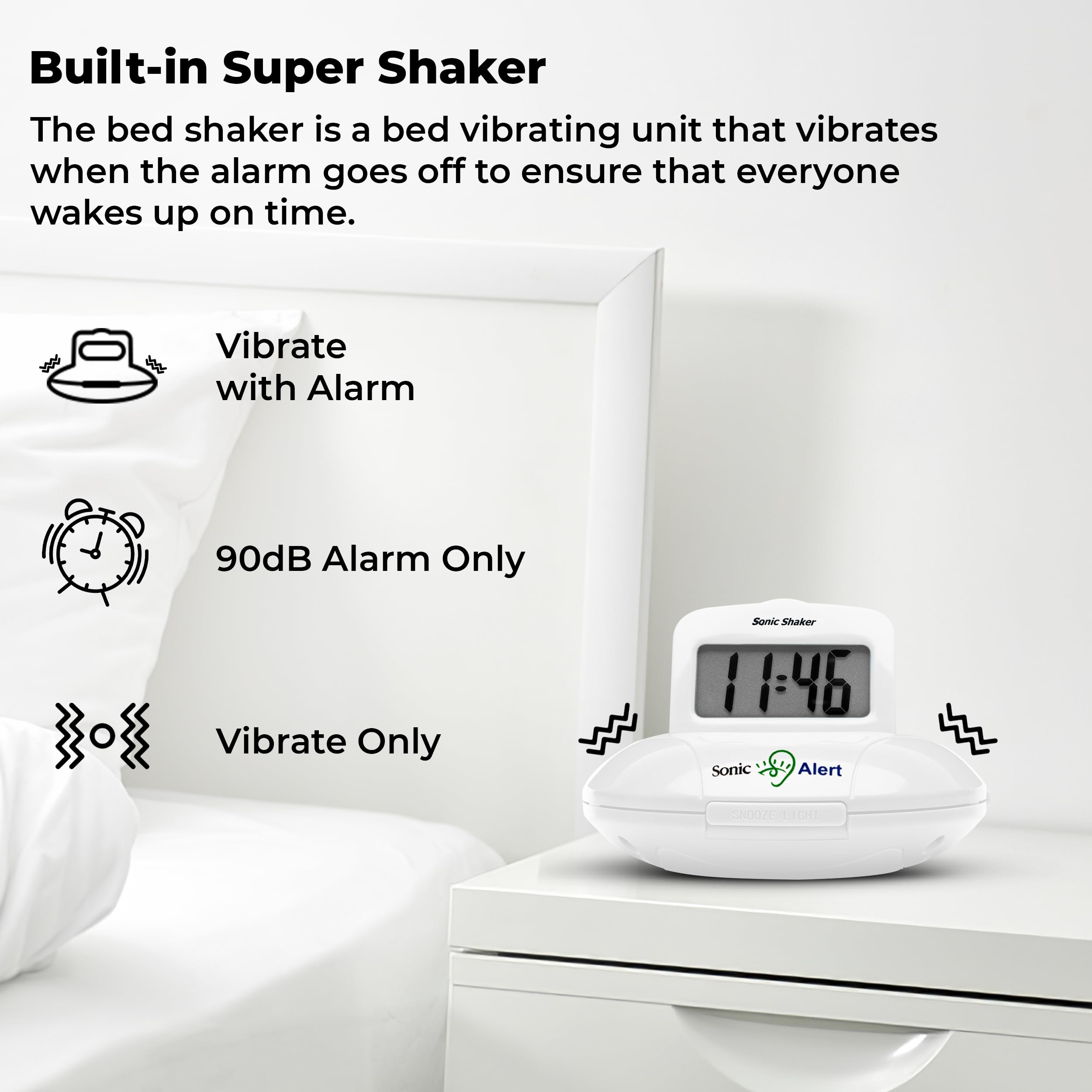 Sonic Alert Digital Alarm Clock for Heavy Sleepers - Battery Operated Vibrating Travel Alarm Clock with Bed Shaker & Under Pillow Vibration - White | Perfect for Deep Sleepers, Travel, and Hearing Impaired Users
