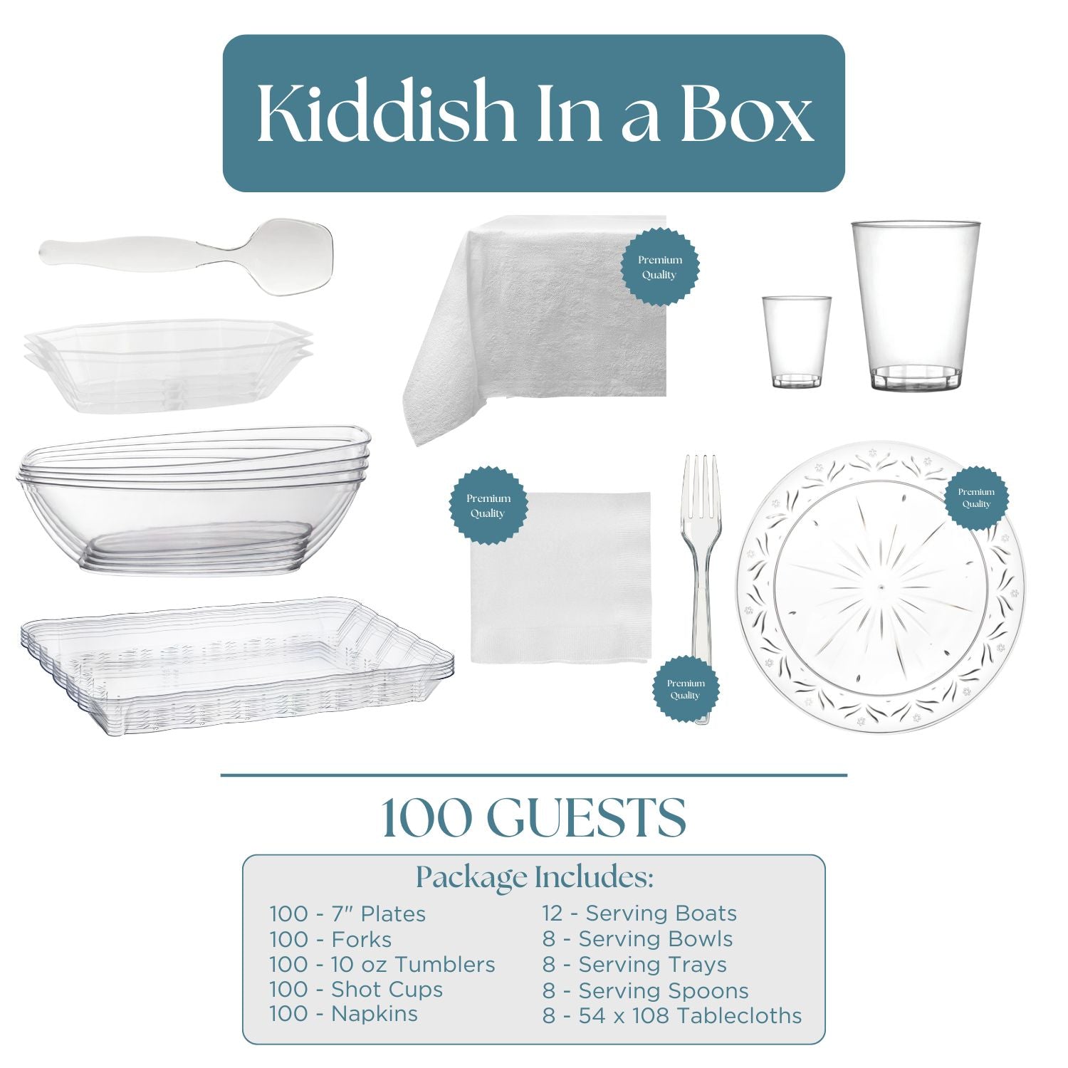 Kiddish In A Box Deluxe Disposable Tableware Set - 100 Pieces for Parties, Weddings & Events - Eco-Friendly Paper Plates, Cups & Cutlery for Hassle-Free Cleanup