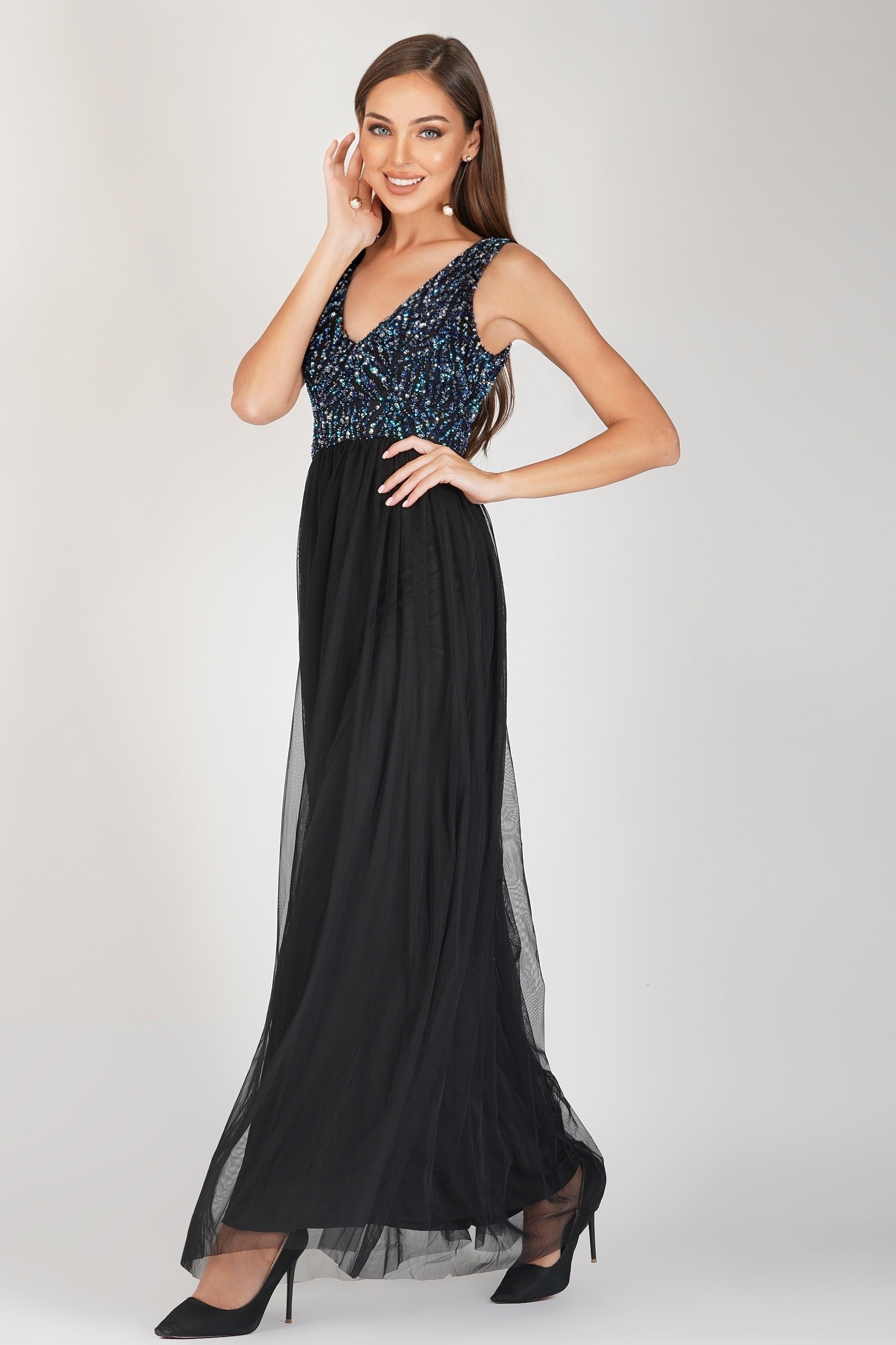 Ada Black Embellished Maxi Dress for Women - Elegant Evening Gown with Beaded Details, Formal Party Dress for Weddings, Prom, Cocktail Events & Special Occasions