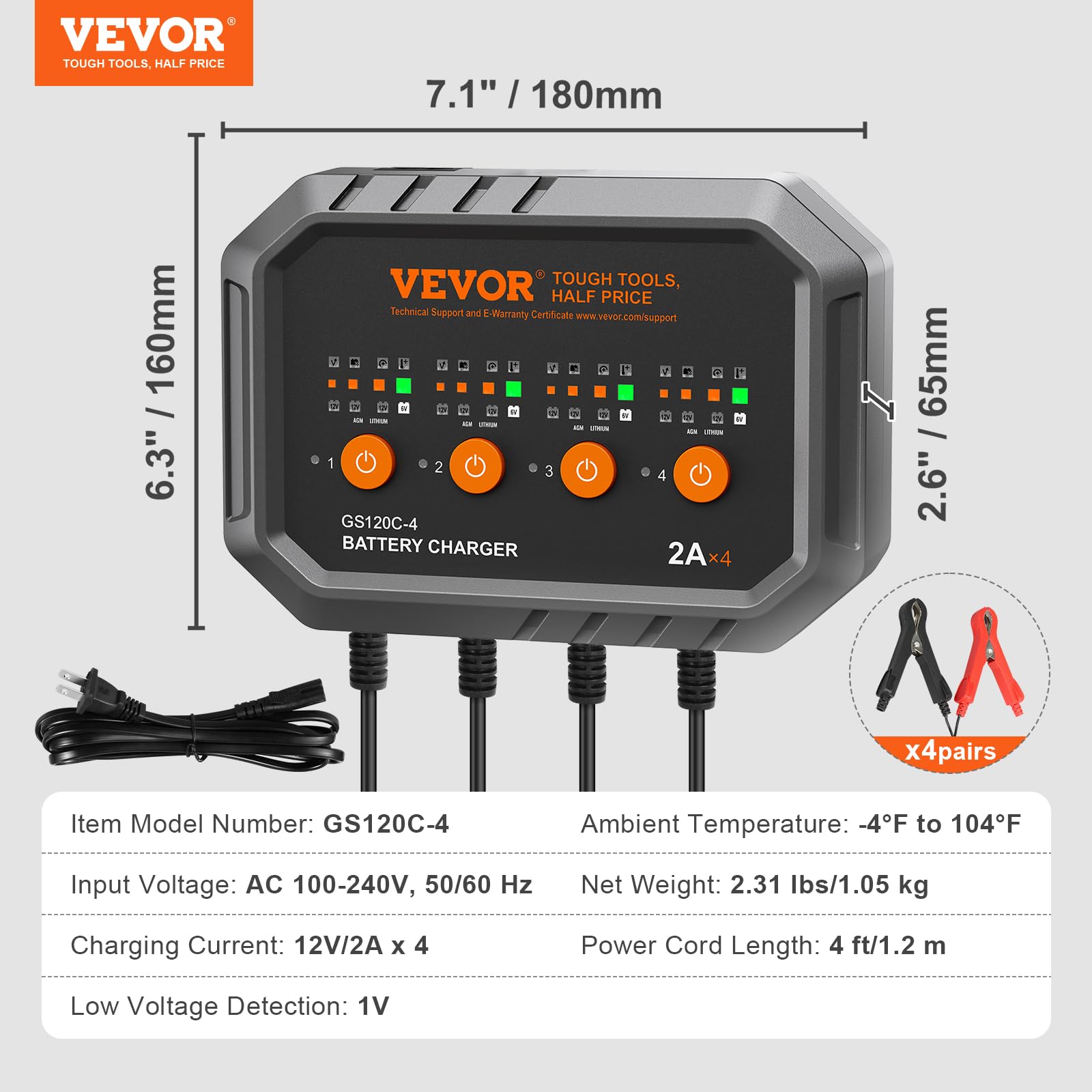 VEVOR 2A x 4 Smart Battery Charger for LiFePO4 & Lead-Acid (AGM/Gel/SLA) Batteries - Fully Automatic Charger & Maintainer for Car, Boat, Motorcycle, Lawn Mower, Golf Cart & Marine Deep Cycle Batteries | Perfect for RV, ATV, Snowmobile & Seasonal Vehicle Storage
