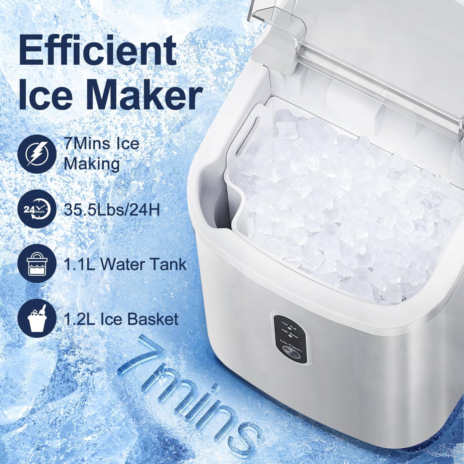ZAFRO Portable Countertop Ice Maker with Handle - 35.5Lbs/24H Fast Ice Production, Self-Cleaning Nugget Ice Machine with Ice Basket & Scoop - Perfect for Home, Office, Parties & Outdoor Use - White