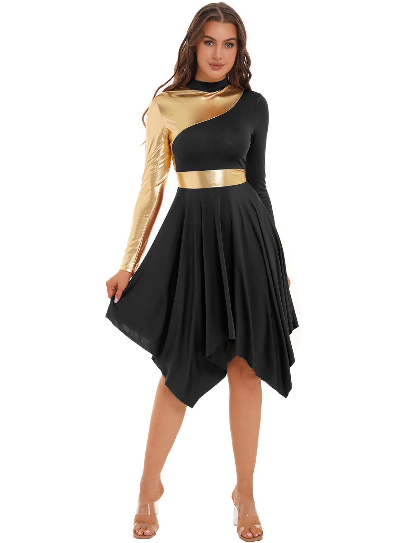 Women's Asymmetric Metallic Color Block Lyrical Dance Costume Overlay Dress - Praise Dance Tunic for Worship Performances