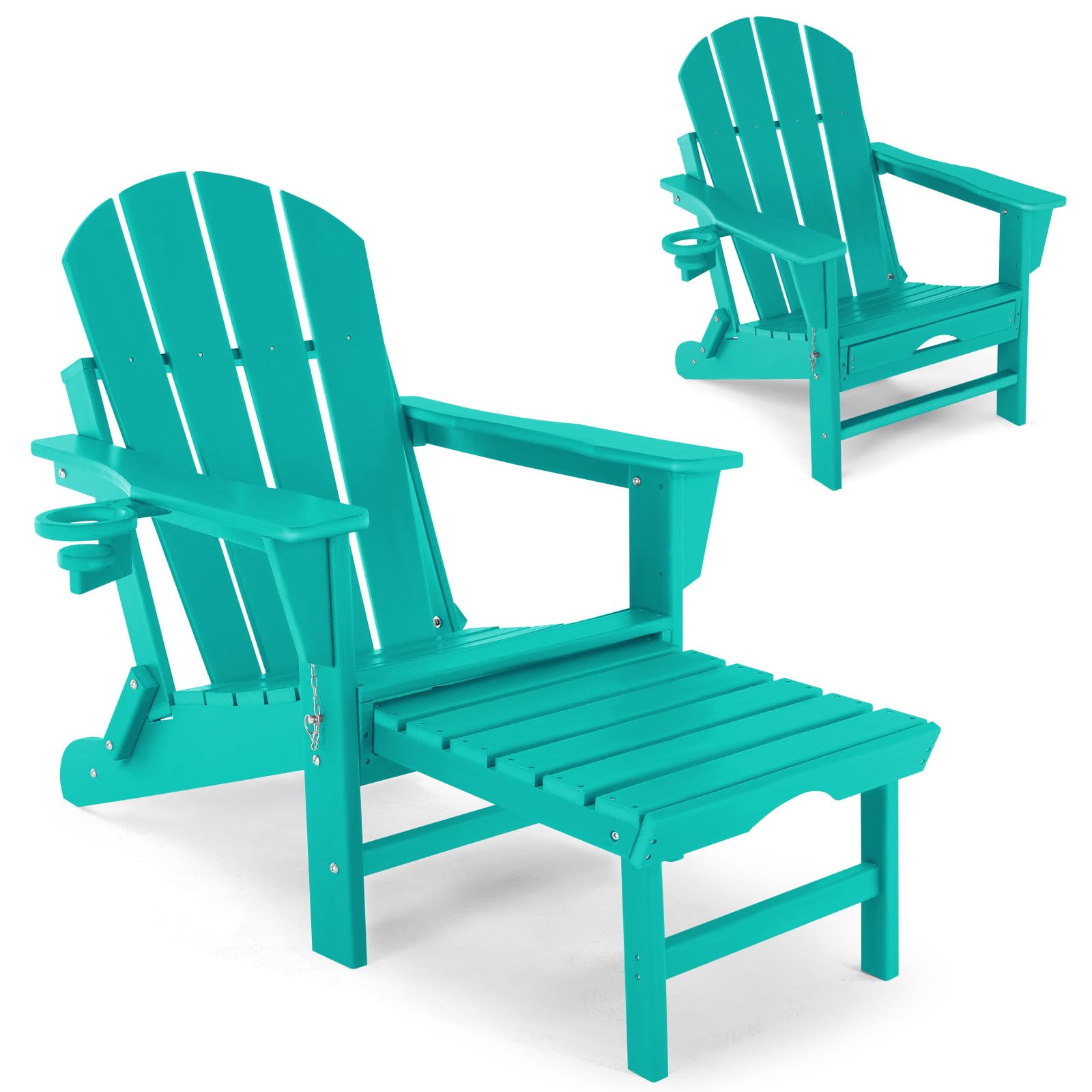 Foldable Adirondack Chair with Adjustable Footrest – Weather-Resistant Outdoor Plastic Patio Chair with Removable Ottoman, Stackable Design & Cup Holder – Perfect for Backyard, Poolside & Garden Relaxation (21.6