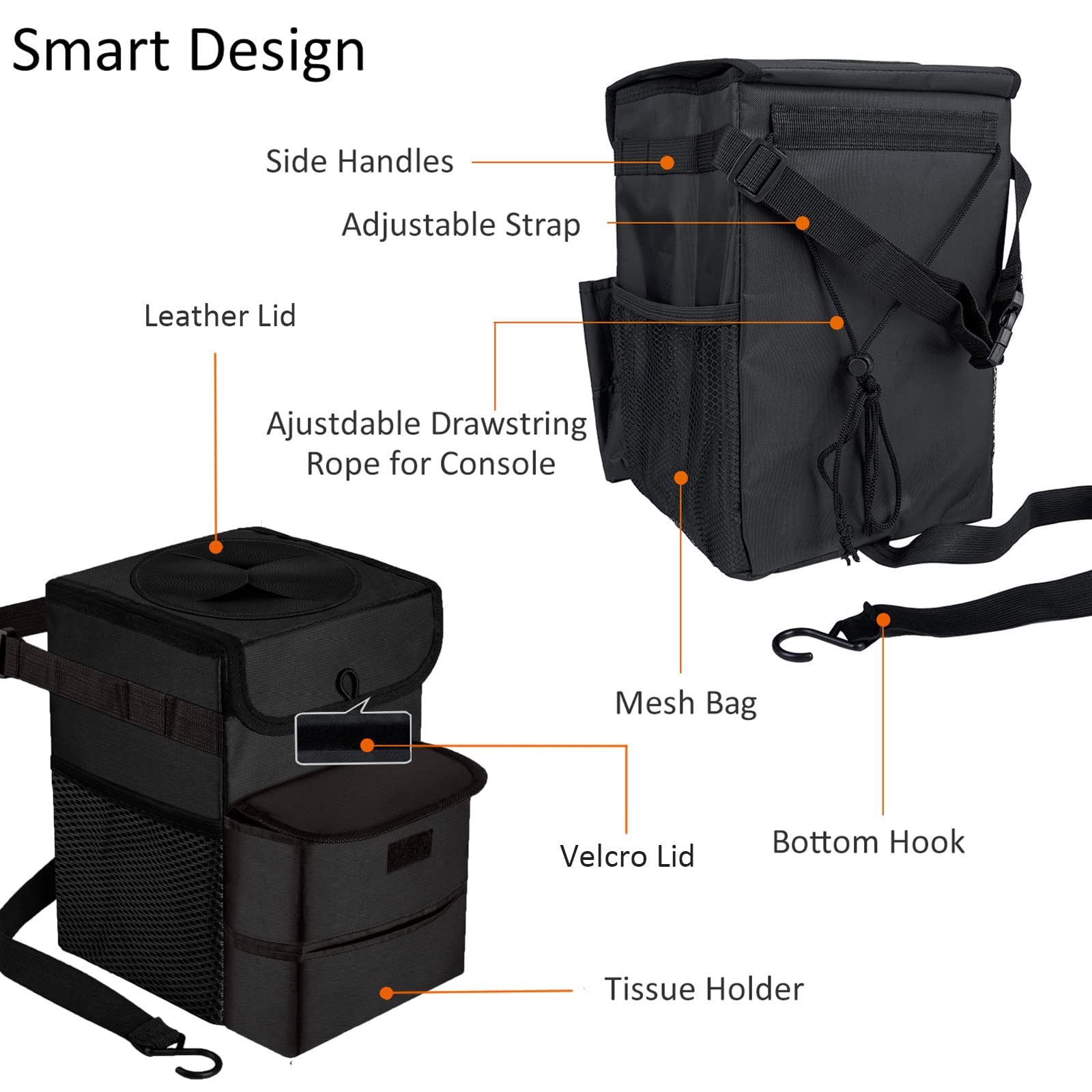 Foldable Leakproof 3 Gallon Car Trash Can - Portable Auto Garbage Bin for Road Trips, Commuting & Travel (Black)