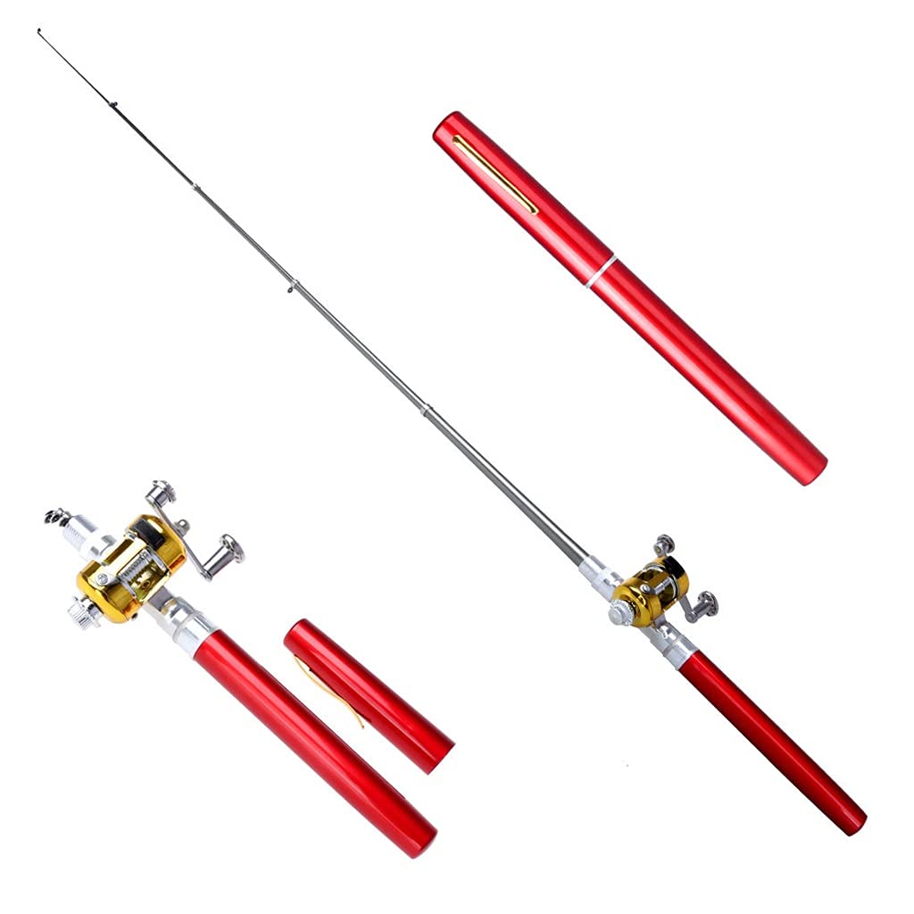 Lincheer Mini Portable Pocket Fishing Pen - Black Aluminum Alloy Fishing Rod Pole Reel Combo Set - Compact for Travel, Hiking & Camping - Fits in Pocket, Glove Box, Backpack (Red) - Perfect Gift for Anglers & Outdoor Enthusiasts