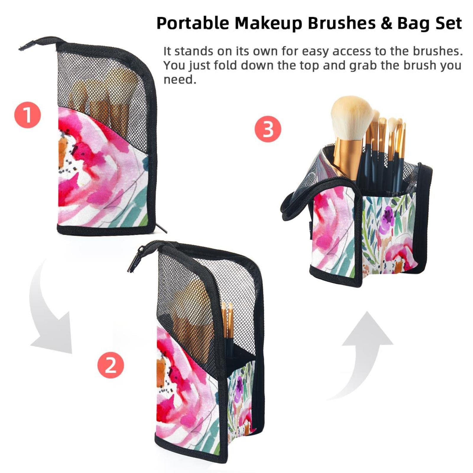 Watercolor Leaves Floral Makeup Brush Organizer Bag with 12 Brushes - Portable Cosmetic Brush Holder Case for Travel, Home & Professional Makeup Artists