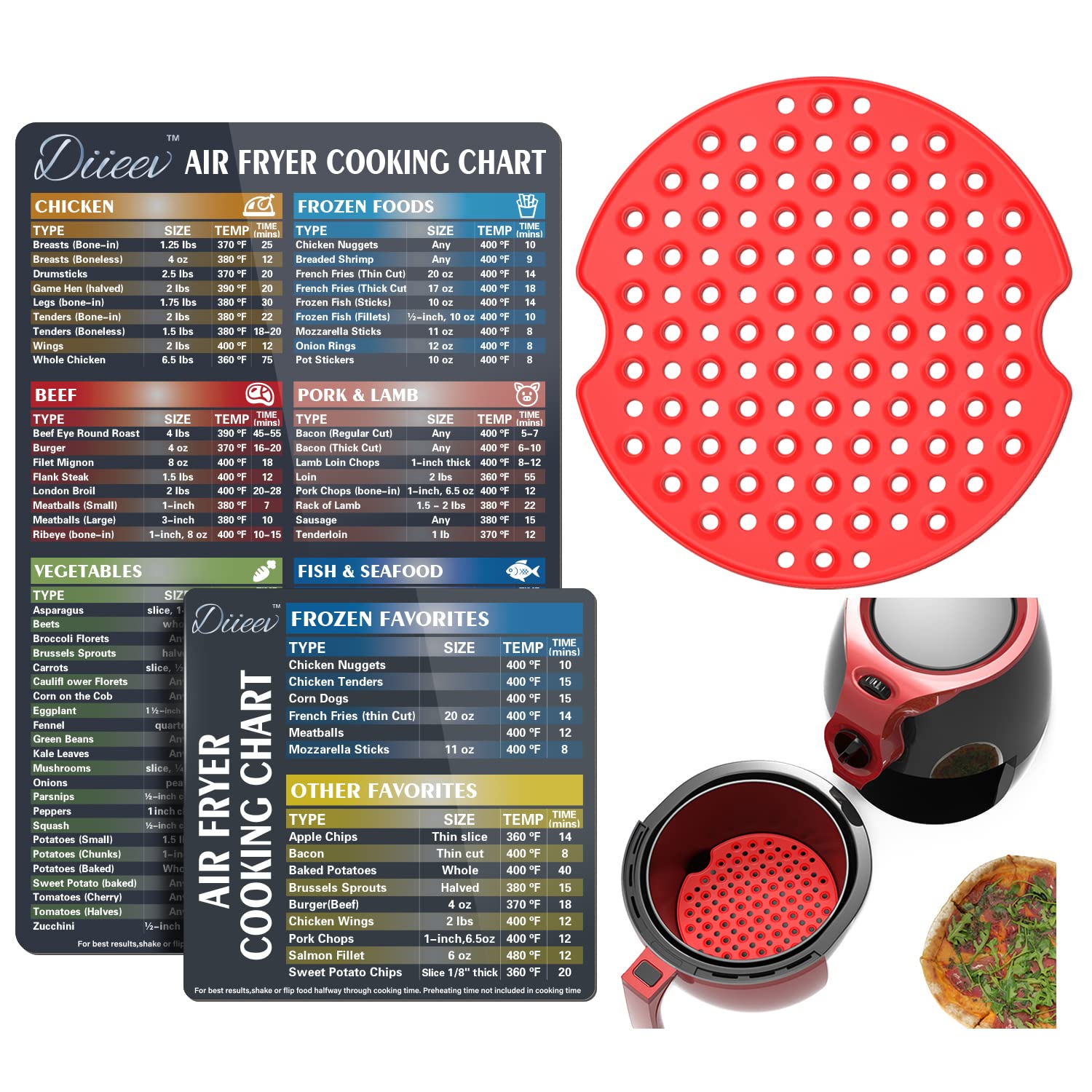 Best Air Fryer Magnetic Cheat Sheet Set & Reusable Silicone Liners - Quick Reference Guide for Cooking Times - Large 8