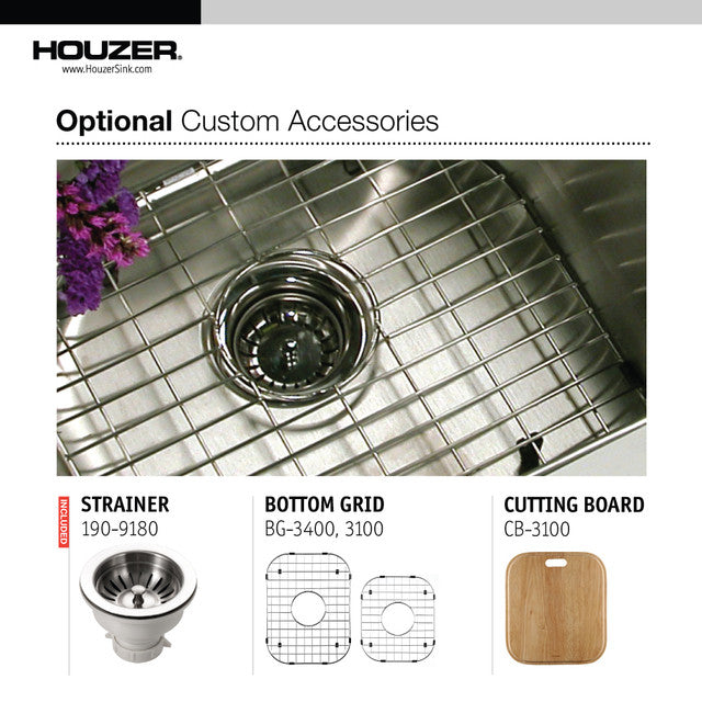 Houzer Elite Series 32-Inch Stainless Steel Undermount 60/40 Double Bowl Kitchen Sink with Small Right Bowl - Perfect for Modern Kitchens, Food Prep, and Dishwashing