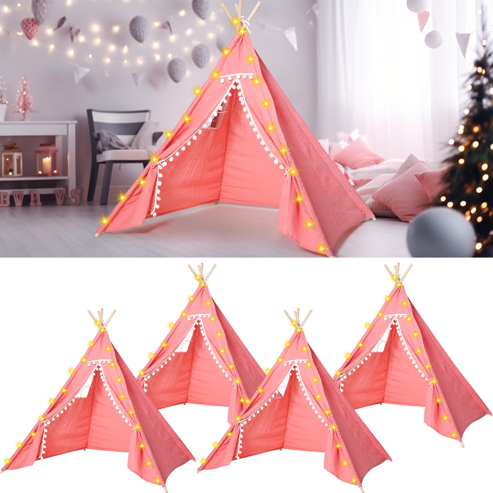 **Windyun 4-Piece Kids Teepee Tent with LED Lights - Foldable Cotton Linen Play Tent for Girls & Boys - Indoor Outdoor Slumber Party, Sleepover & Playroom Decor (Pink)**    *(Perfect for Birthday Parties, Nursery Room Decor, Camping Adventures & Cozy Playtime!)*