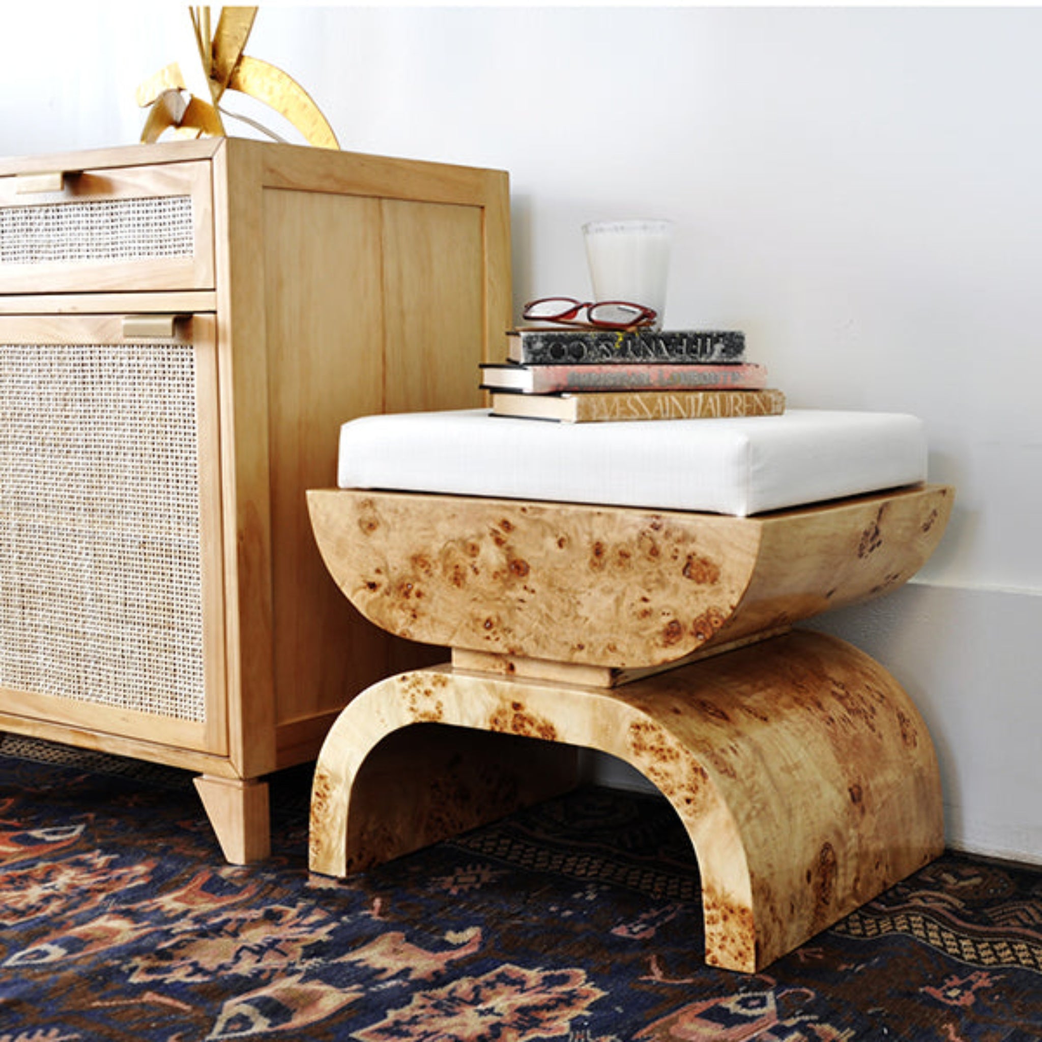 Biggs Burl Wood Stool with White Linen Cushion - Rustic Home Decor, Bar Stool, Kitchen Island Seating, Farmhouse Accent Chair for Living Room & Dining Area