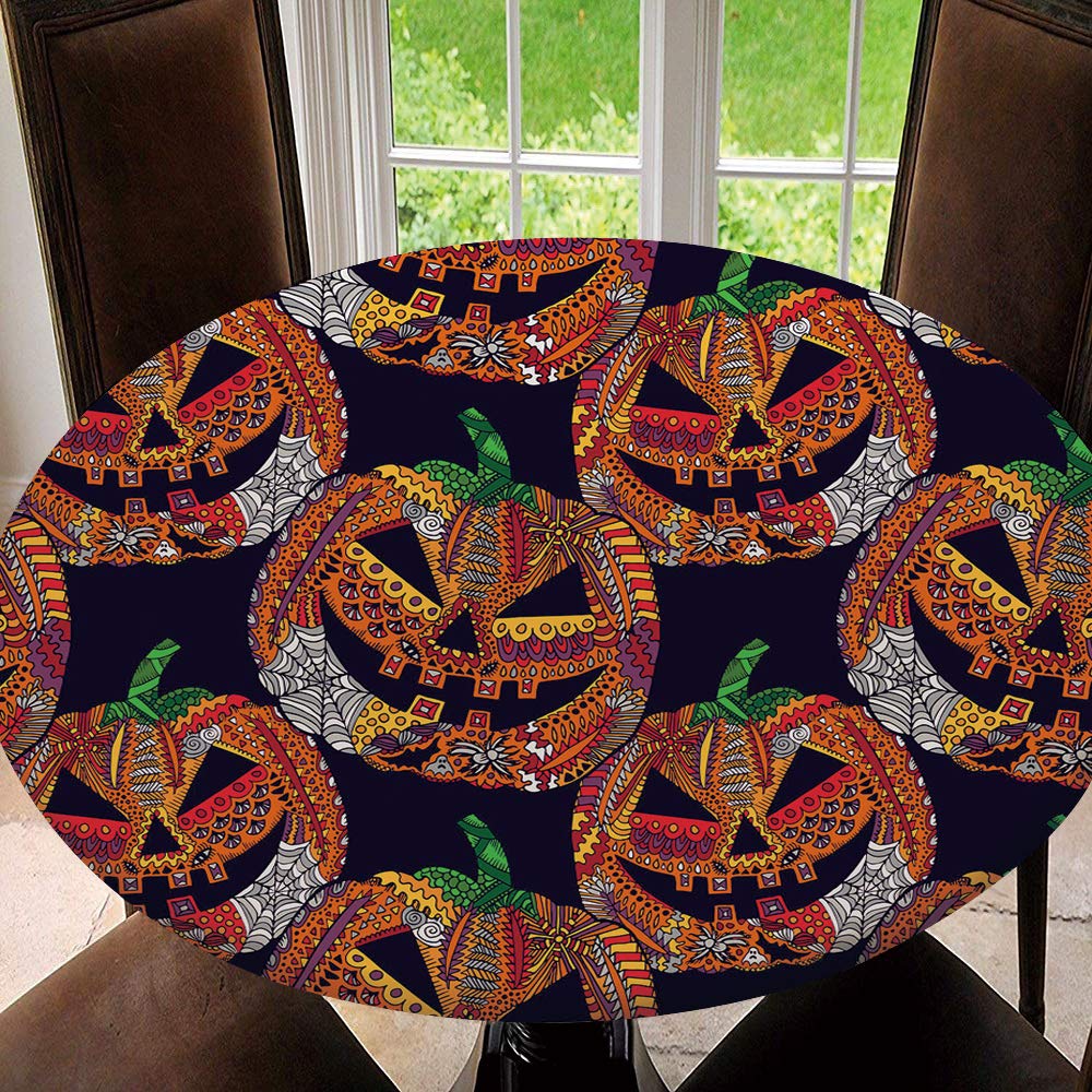 Halloween Pumpkin Zentangle Polyester Washable Round Tablecloth - Elastic Edged Kitchen & Restaurant Table Cover (Fits 59
