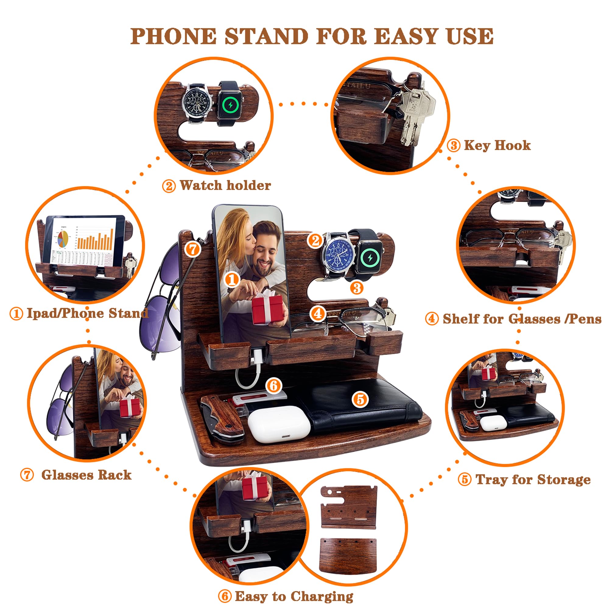 Wooden Phone Docking Station & Nightstand Organizer - Perfect Gift for Men, Women, Dad, Husband, Boyfriend | Birthday, Anniversary, Christmas Present (Dark Brown) | Bedside Storage for Phone, Watch, Wallet & Keys