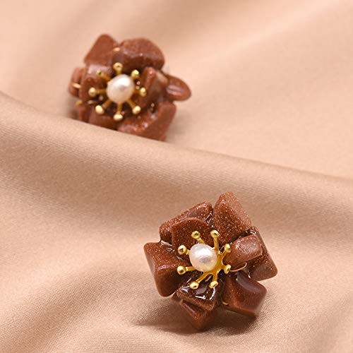 MMIAOO 925 Sterling Silver Handmade Flower Stud Earrings with Natural Gold Sandstone Pearl - Elegant Hoop Ear Cuffs for Women | Perfect Gift for Birthday, Anniversary & Special Occasions