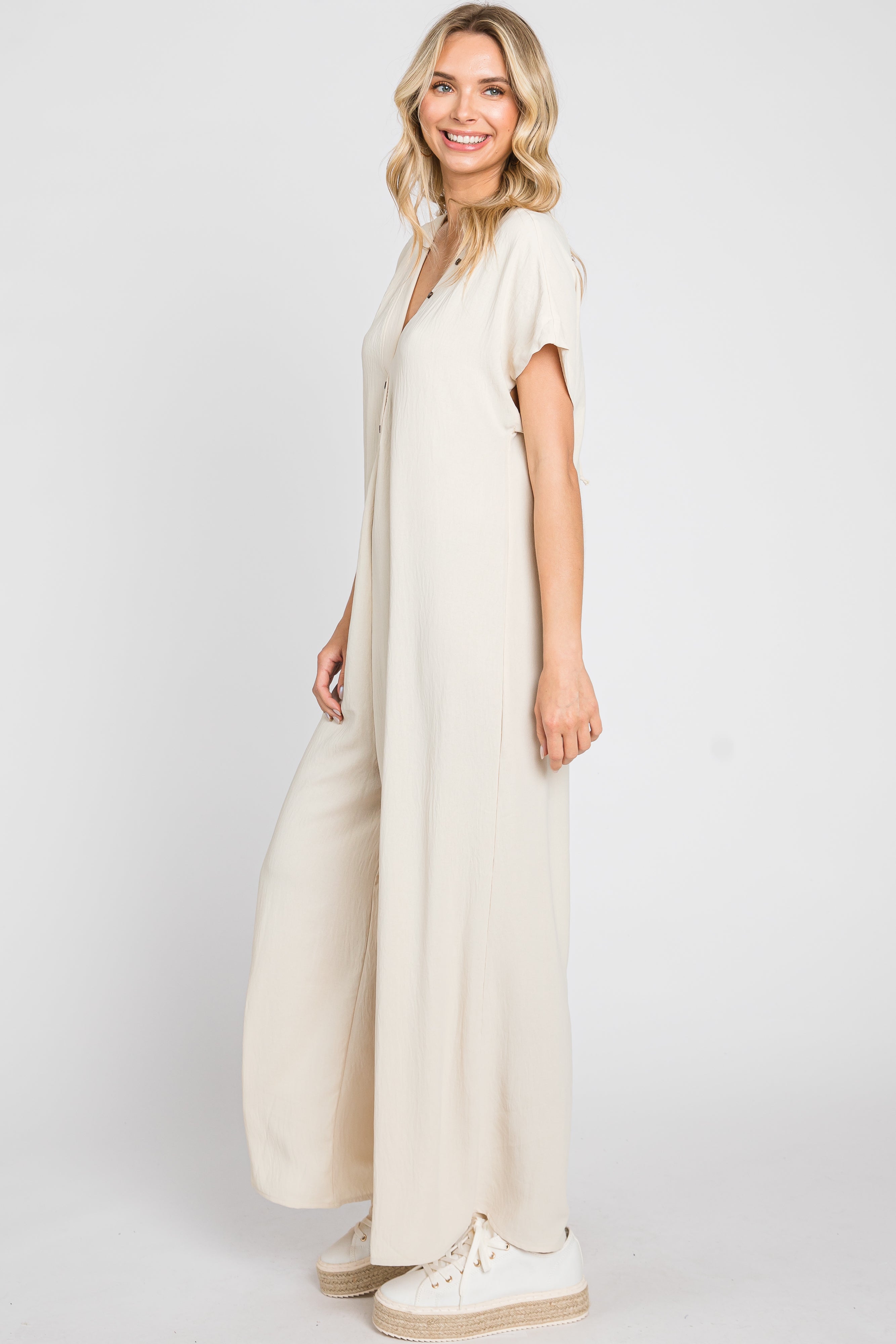 Beige Front Button Accent Jumpsuit for Women - Stylish Casual Romper with Pockets | Perfect for Summer Outfits, Beach Vacations & Date Nights