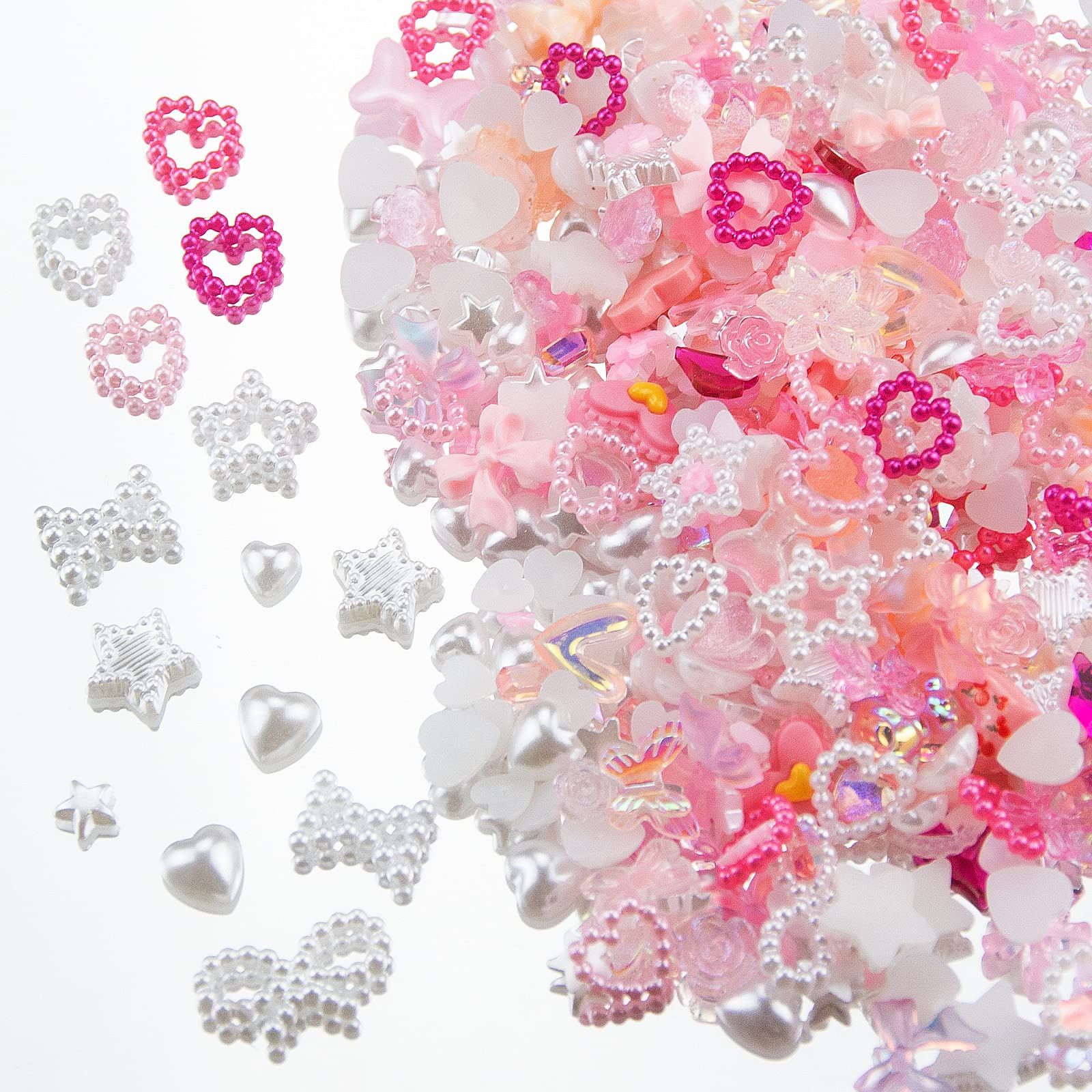 500Pcs Pink Flower Butterfly Bowknot Nail Charms - Assorted Heart, Star, Pearl & 3D Flatback Decorations for DIY Nail Art | Cute Nail Accessories for Manicure, Salon & Home Crafts