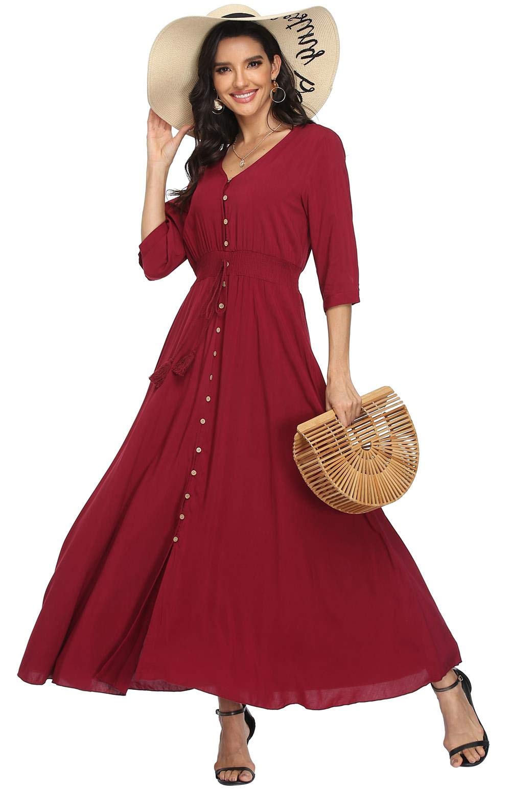 Ferrendo Women's Floral Maxi Dress - Button Up Boho Beach Dress with Side Slit for Summer Parties, Vacations & Casual Outings