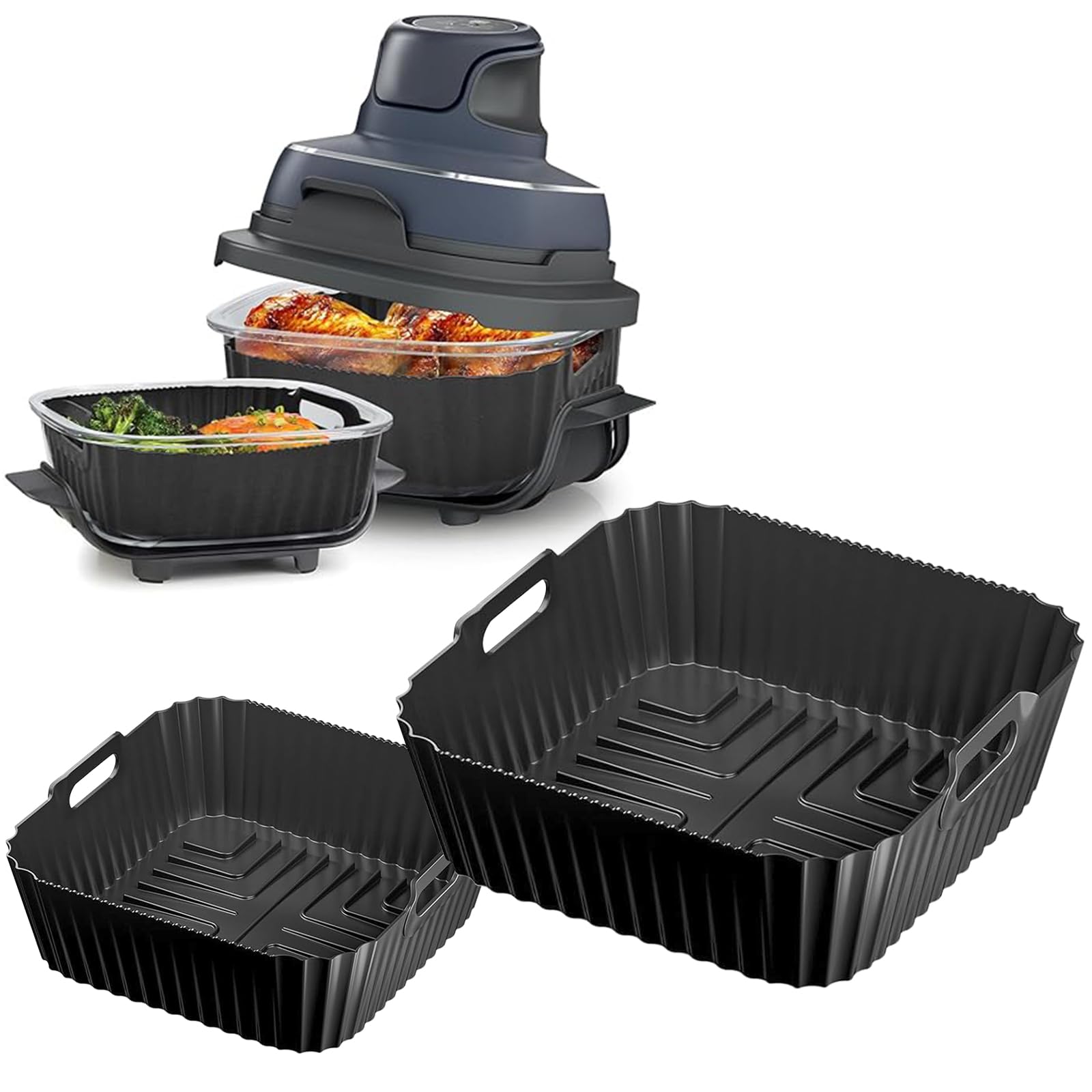 2-Pack Non-Stick Silicone Liners for Ninja Crispi FN101GY Air Fryer - Reusable Accessories Fits 4 QT & 6 Cups Containers (Compatible with FN101ST/FN101SG/FN101CGY) - Perfect for Baking, Roasting & Healthy Cooking