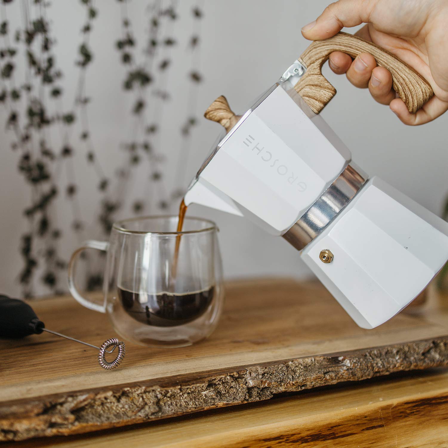 GROSCHE Milano Stove Top Espresso Maker - 3 Cup (5 oz) with Battery Operated Milk Frother - Perfect for Lattes, Cappuccinos & Home Coffee Brewing - White Bundle for Coffee Enthusiasts