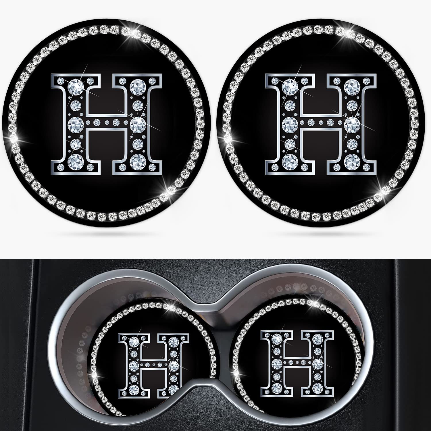 Jupswan 2-Pack A-Z Car Cup Holder Coaster - Letter H Rhinestone Crystal Design, Non-Slip Silicone Cup Holder Accessories for Women & Men | Perfect for Cars, Trucks, SUVs & Office Desks (DZ0730-8)