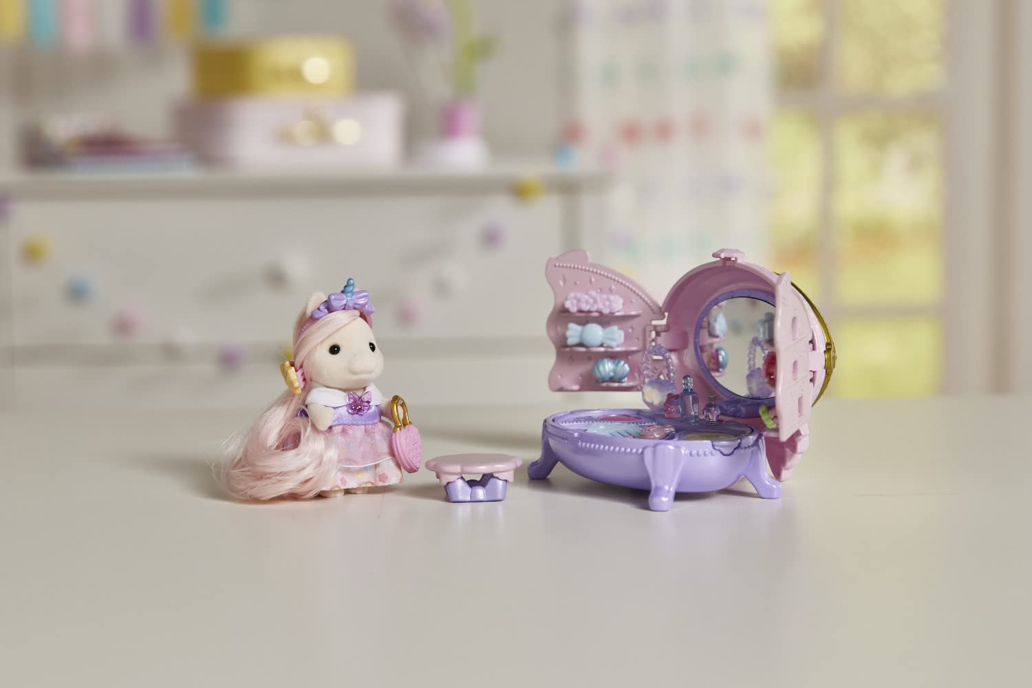 Calico Critters Pony's Vanity Dresser Set - Dollhouse Miniature Playset with Figure & Accessories for Kids | Pretend Play, Collectible Toy Gift for Girls & Boys