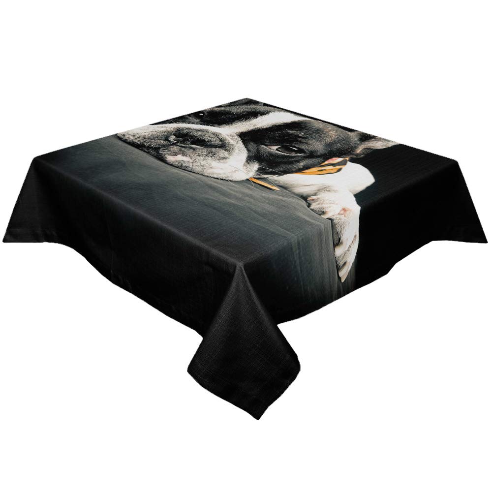 BRINGMEHOME 60x60 Inch Dog Lover Tablecloth - Rectangle Burlap Linen Table Cover with French Bulldog Photography, Dust-Proof Dining Room Protector for Pet Owners | Perfect for Family Gatherings & Dog-Themed Parties