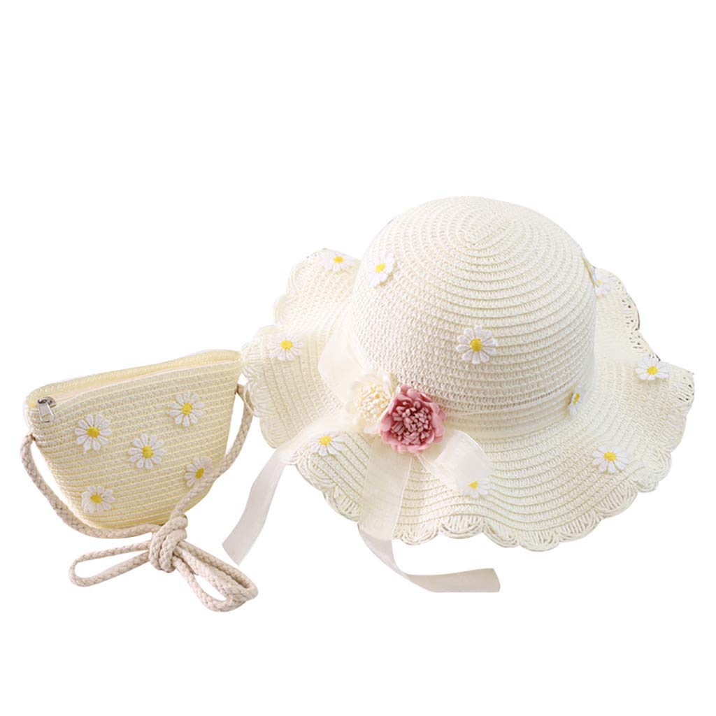 Girls Sun Hat and Bag Set for Ages 2-8 - Straw Hat with Flower Design, Patriotic Stove Pipe Hat - Perfect for Beach Vacations, Outdoor Play & Summer Fashion