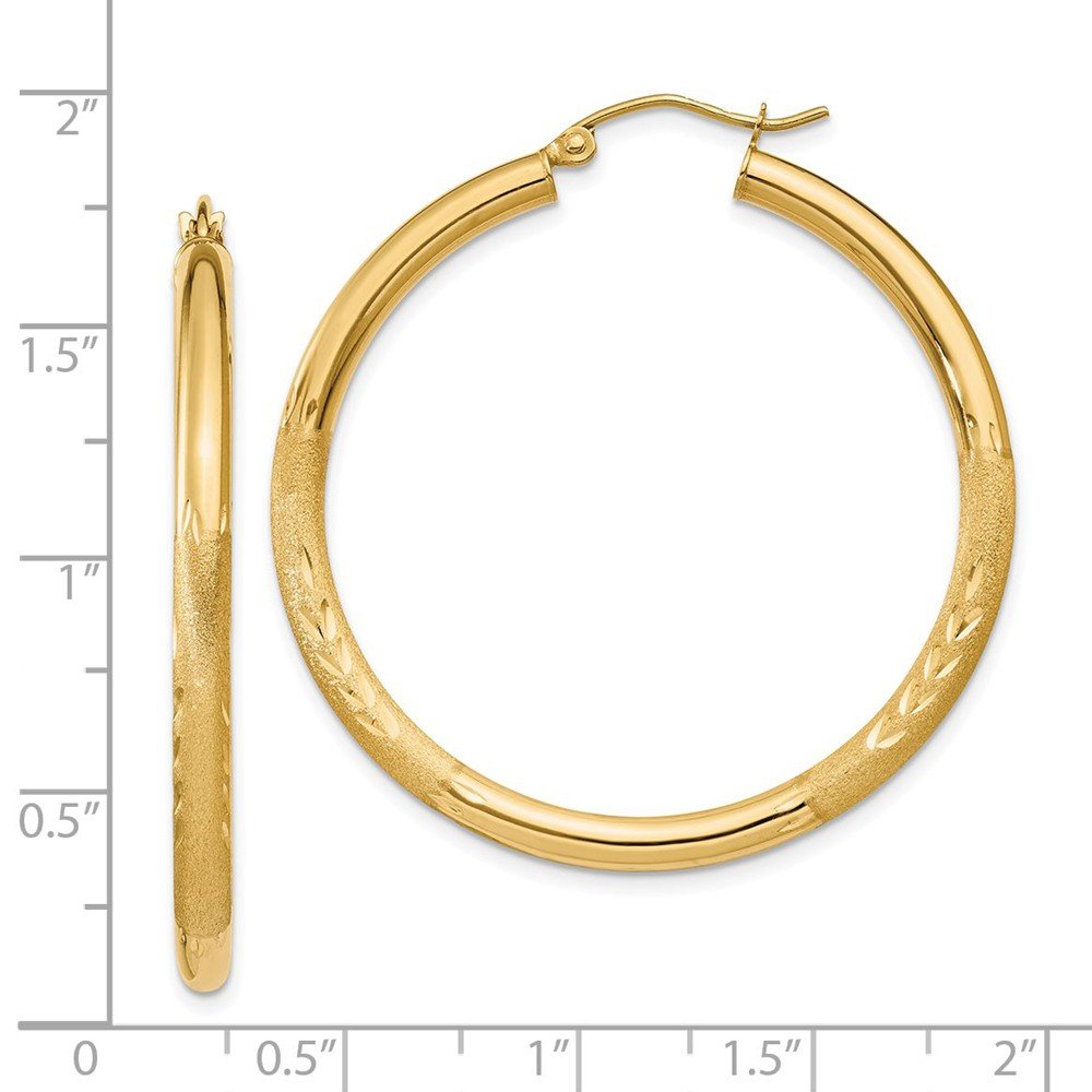 14K Yellow Gold Satin & Diamond-Cut 3mm Round Hoop Earrings for Women - Elegant Everyday & Special Occasion Jewelry Gift