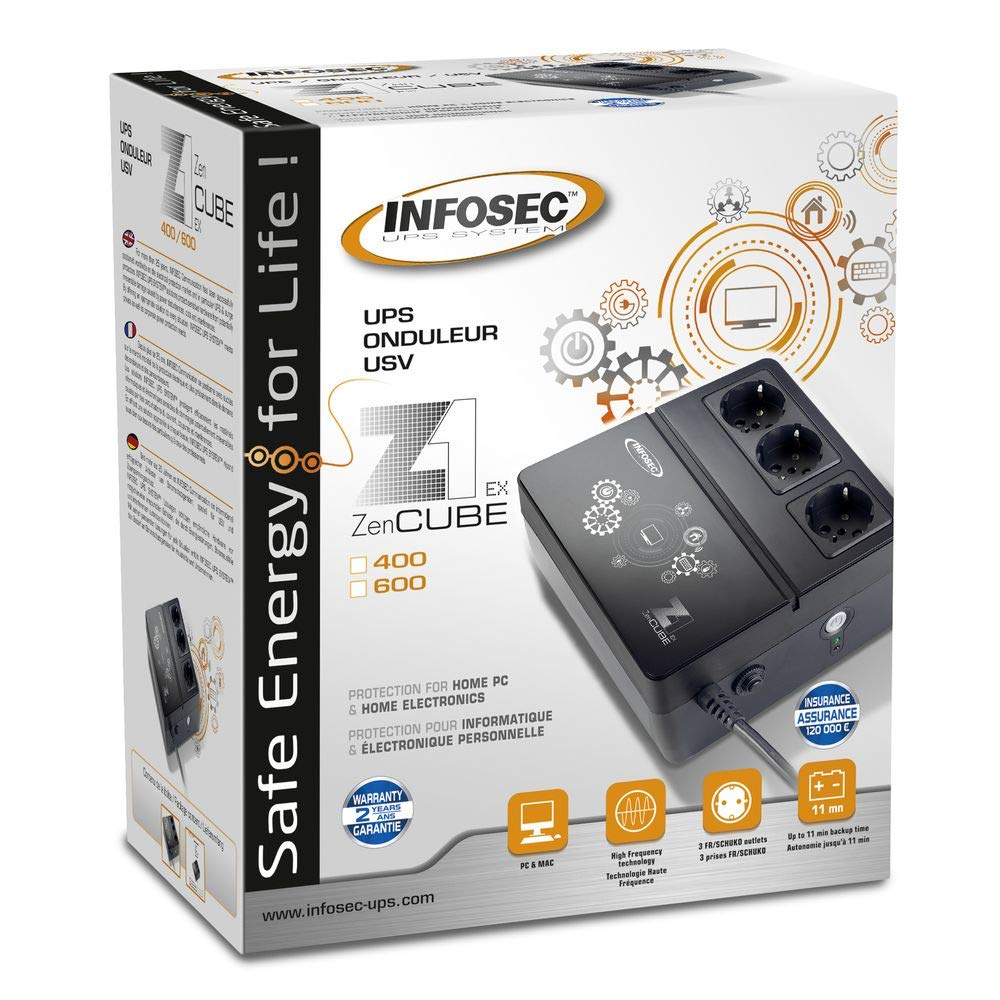 INFOSEC - Z1 Zenergy Cube EX 400VA UPS Battery Backup with 3 Outlets, Surge Protection, Black - Power Supply for Home Office, Router, Modem & Electronics During Outages