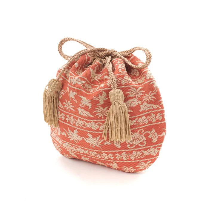 Nishijin Ori Small Drawstring Bag - Bird & Rose Design | Authentic Japanese Traditional Craft Purse Made in Kyoto | Perfect for Gift, Cosmetics & Jewelry Storage