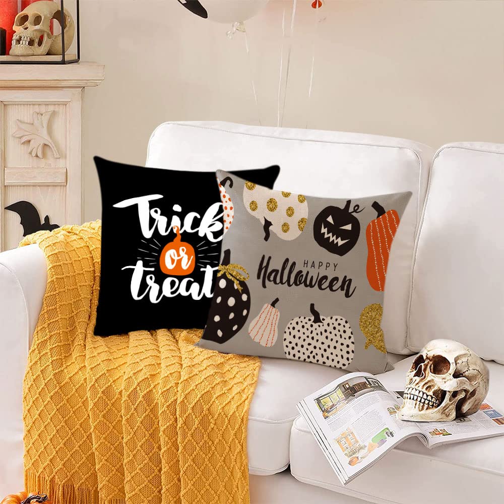 Spooky Halloween Throw Pillow Covers Set of 4 - 20x20 Inch Decorative Fall Pillowcases with Scary Pumpkin & Bat Designs for Sofa, Couch, Bed - Perfect for Indoor & Outdoor Halloween Decorations, Party, Haunted House Theme
