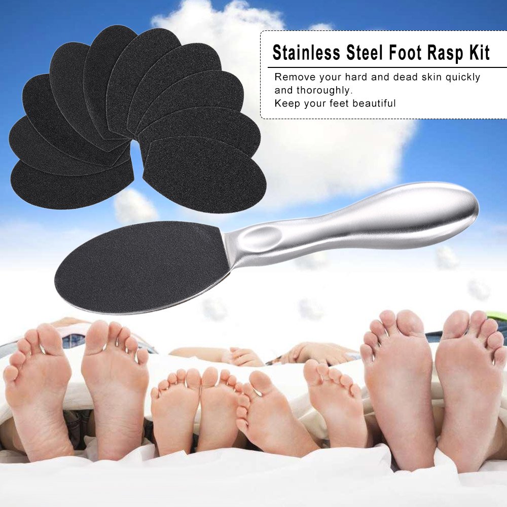Premium Stainless Steel Foot Rasp Kit - Double Sided Foot File & 10 Sandpaper Pads for Callus & Hard Skin Removal - Professional Pedicure Tool for At-Home Foot Care & Spa Treatments
