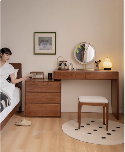 Vintage Oak Solid Wood Extendable Dressing Table - Elegant Vanity Desk with Mirror for Bedroom, Makeup & Beauty Organization