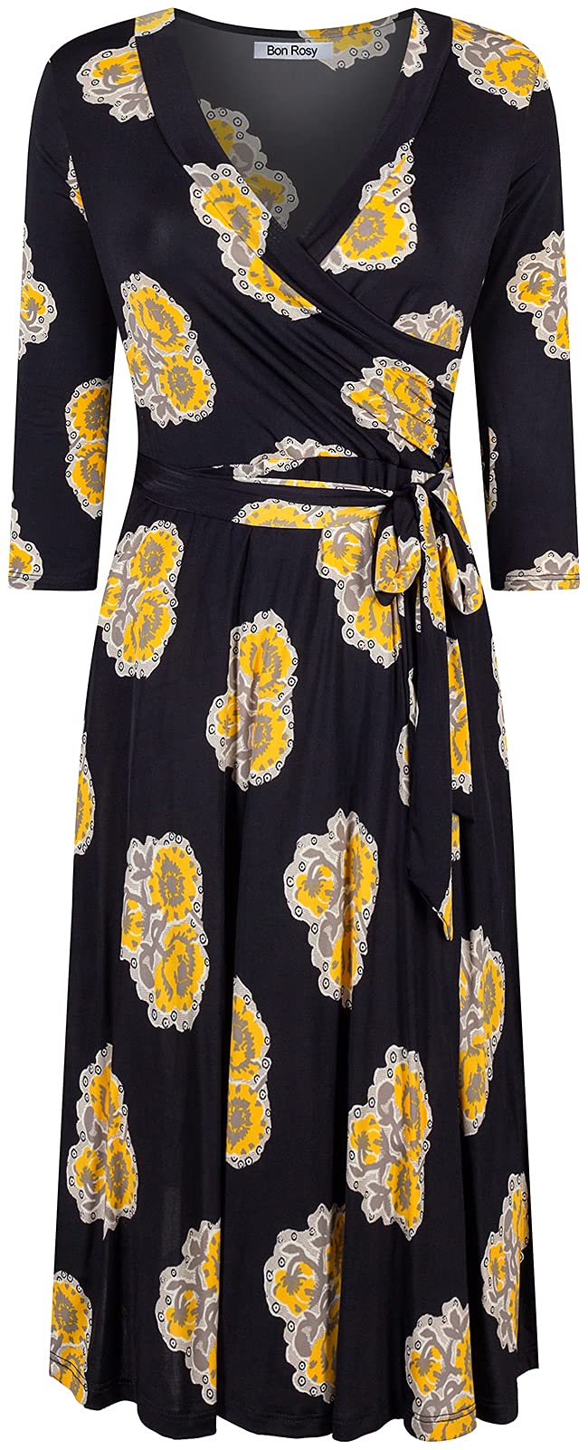 Women's 3/4 Sleeve Faux Wrap Midi Dress - Knee Length Summer Wedding Guest Dress for Parties, Baby Showers & Maternity Nursing - Made in USA - Black | Perfect for Bridal Events, Office Wear & Special Occasions
