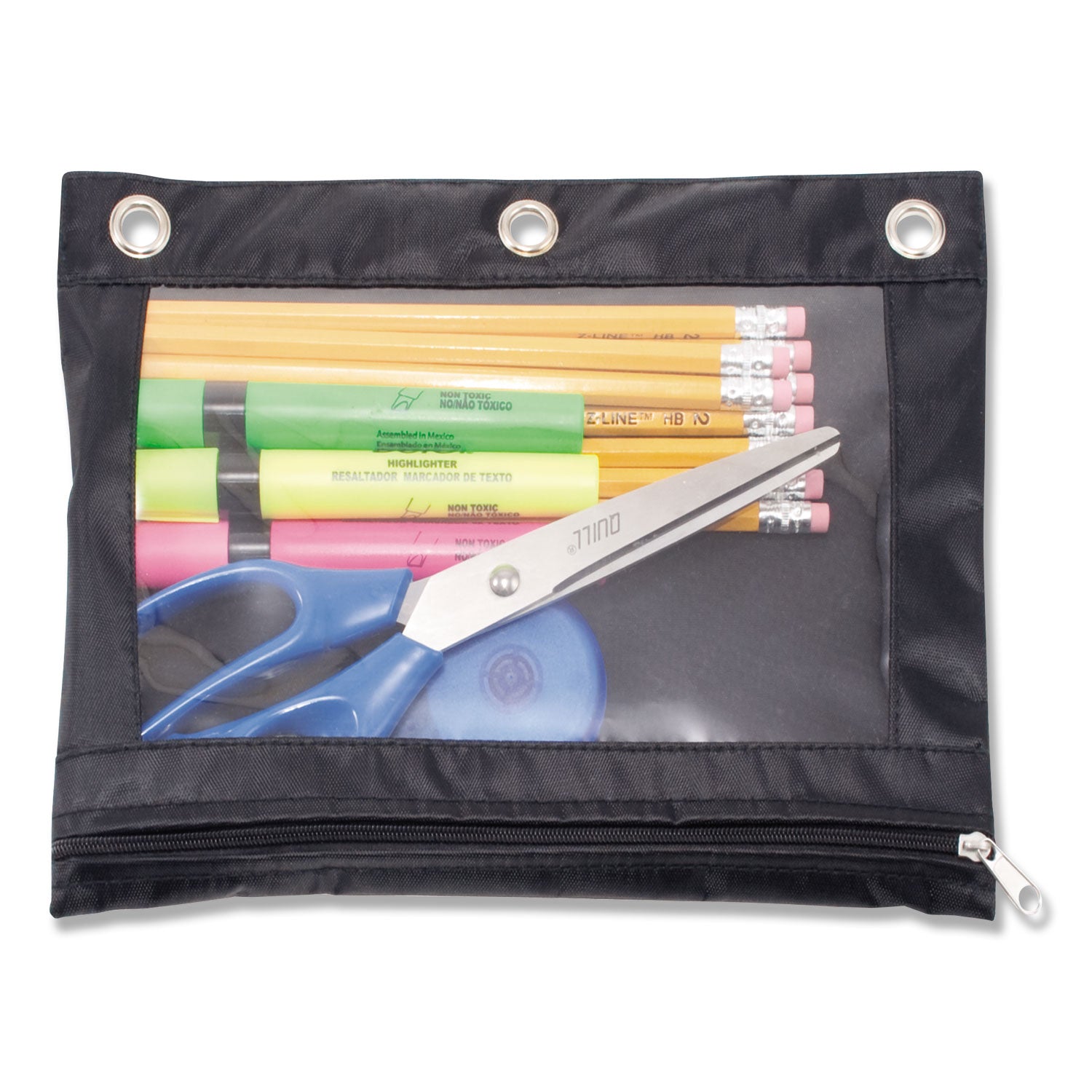 Advantus 3 Hole Punched Binder Pencil Pouch - 10 x 7.38 Inches, Black & Clear Plastic School Supply Organizer for Binders, Notebooks, Backpacks - Perfect for Students, Teachers & Office Use