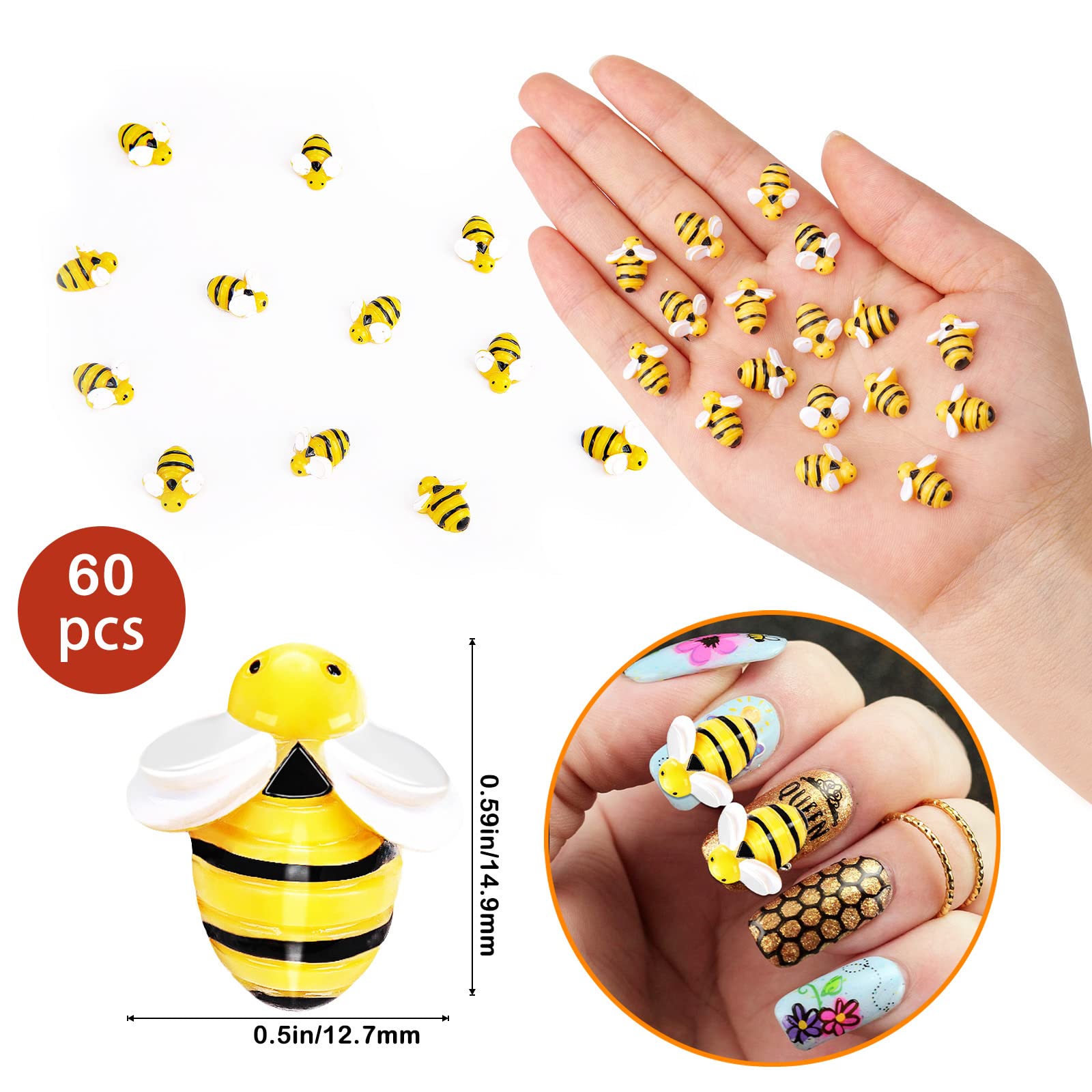 Juome 60Pcs 3D Bee Nail Charms - Cute Resin Nail Art Decorations for DIY Manicure, Nail Salon Supplies & Party Nail Designs (Bee-Shaped Kawaii Nail Accessories) - Perfect for Spring Nail Art, Summer Manicures & Girls' Party Nail Decor