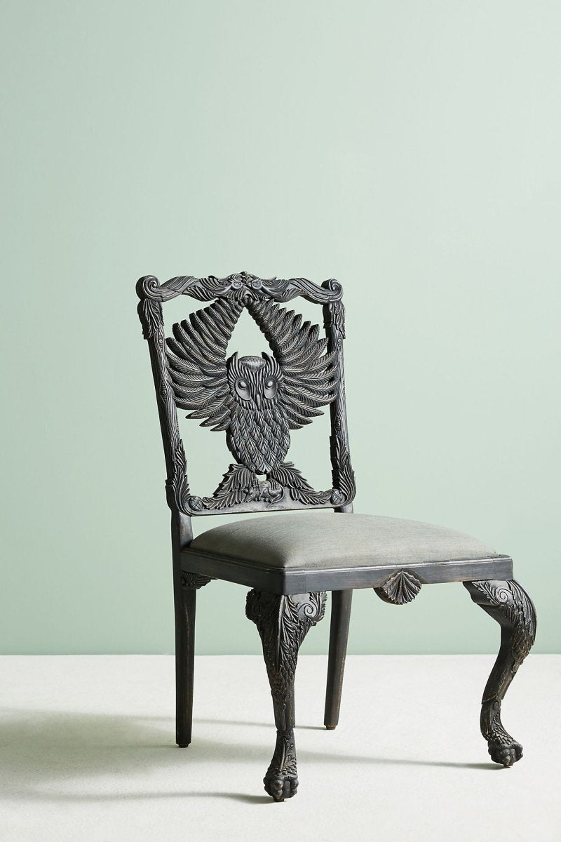 Hand Carved Black Owl Wooden Dining Table Chairs Set - Elegant Handcrafted Wood Furniture for Dining Room, Kitchen, or Office - Perfect for Home Decor and Gifts