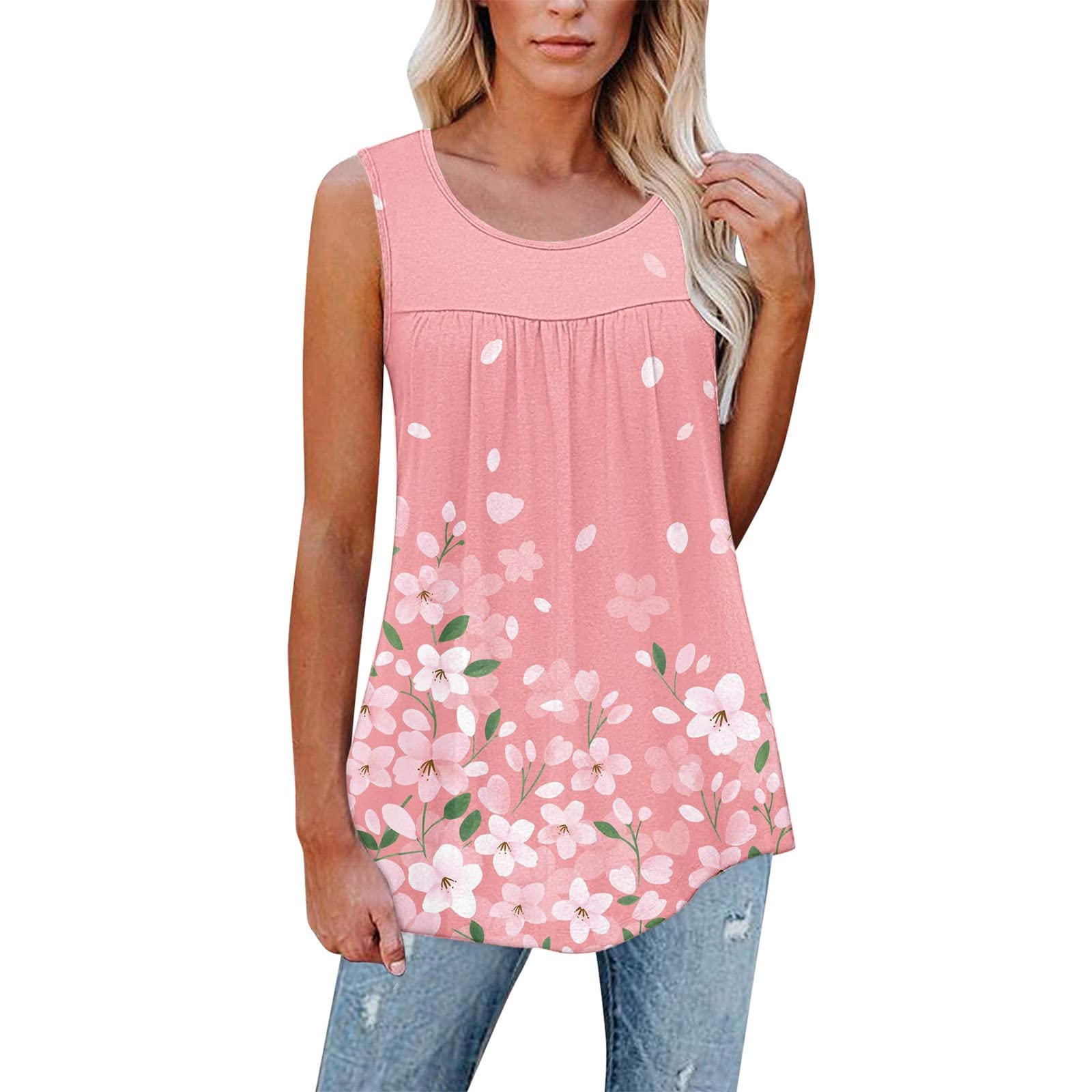 Women's Floral Pleated Tank Tops - Sleeveless Scoop Neck Fit & Flare Tunic Shirts for Casual Wear, Summer Outfits, and Beach Vacations