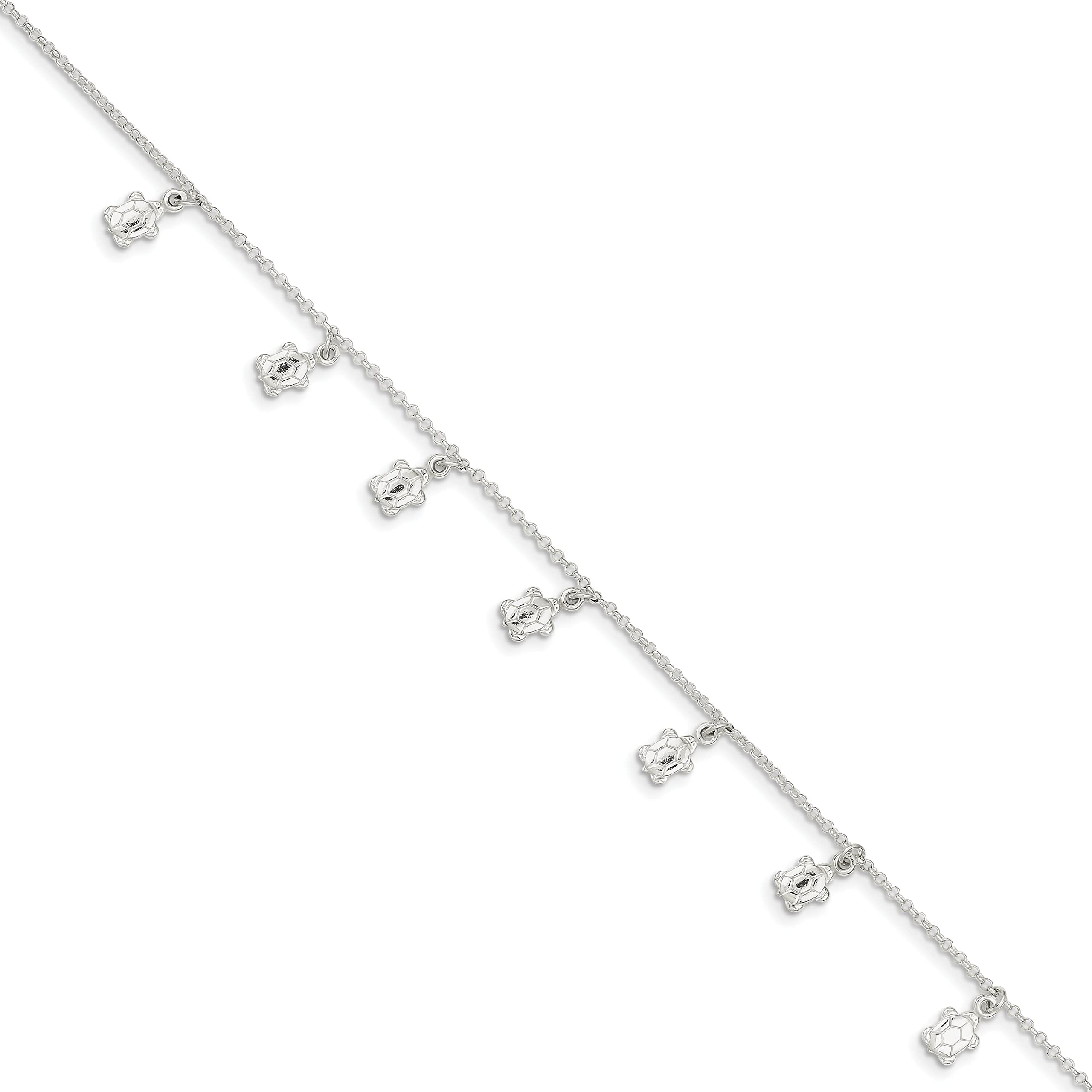 FindingKing Sterling Silver Polished Turtle Charm Anklet Bracelet - 9