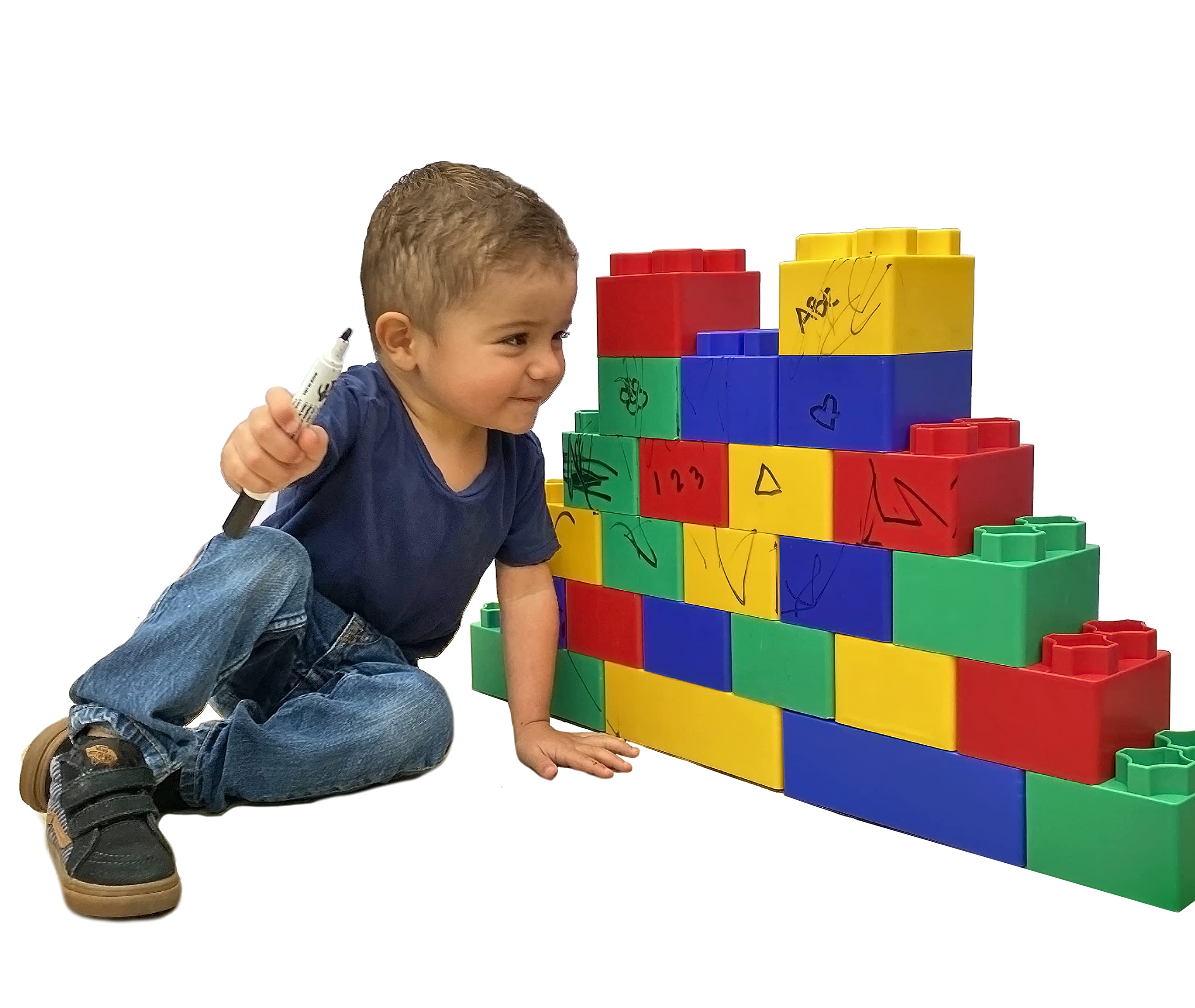42-Piece Jumbo Building Blocks Set with Non-Toxic Washable Markers | STEM Educational Toys for Kids | Large Construction Blocks for Child Development & Creative Learning | Made in USA | Perfect for Preschool Playtime, Classroom Activities & Birthday Gifts