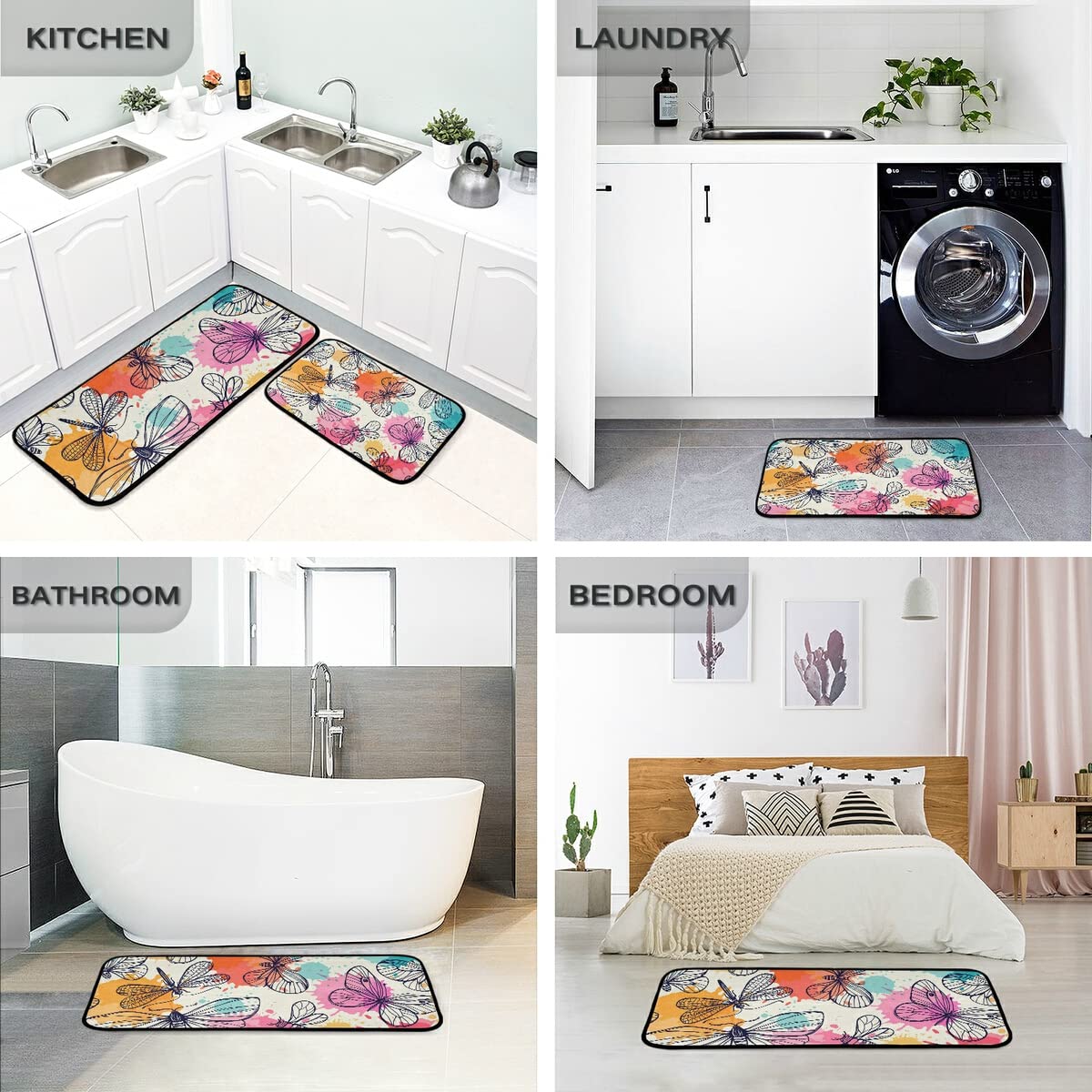Butterfly & Dragonfly Non-Slip Kitchen Rug Set of 2 - Washable Floor Mats for Kitchen, Laundry Room - Decorative Home Accents for Farmhouse & Boho Style Decor