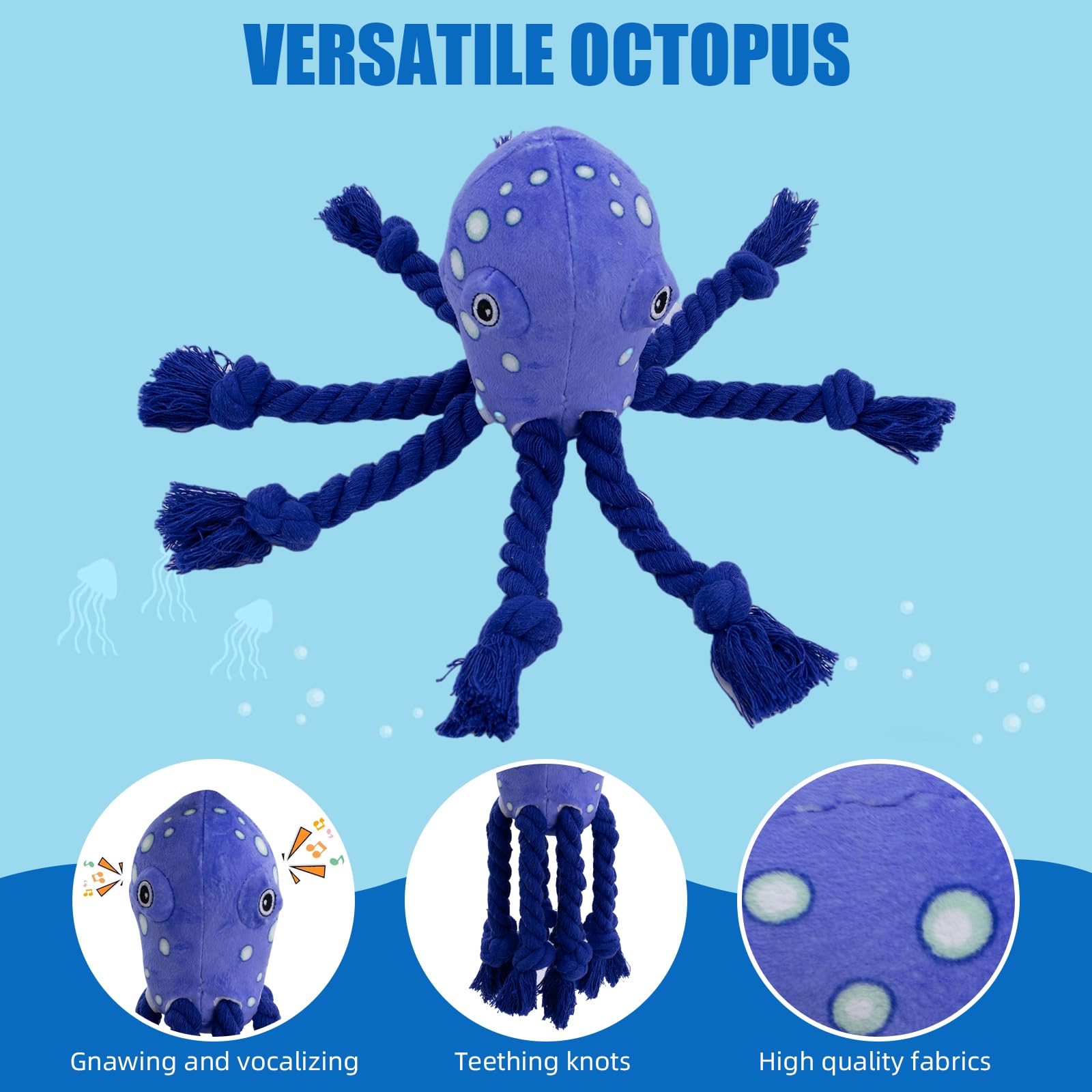 Durable Blue Octopus Dog Toy with Soft Fabric & Rope Knot - Interactive Squeaky Chew Toy for Small, Medium & Large Dogs - Perfect for Playtime, Training & Bonding with Your Pet