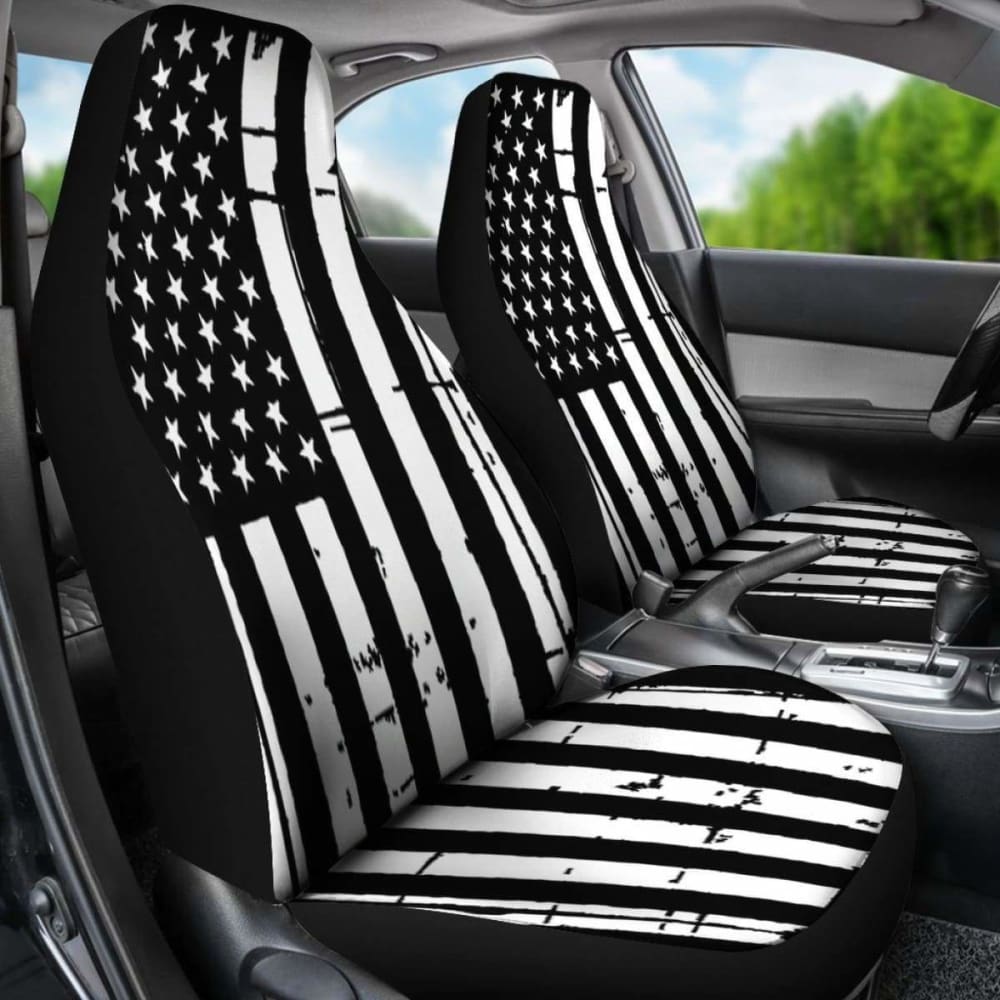 Premium Black and White Stars & Stripes Patriotic Car Seat Covers Set of 2 - Durable USA Flag Design for Trucks, SUVs, and Sedans - Perfect for 4th of July, Veterans Day, and Patriotic Events