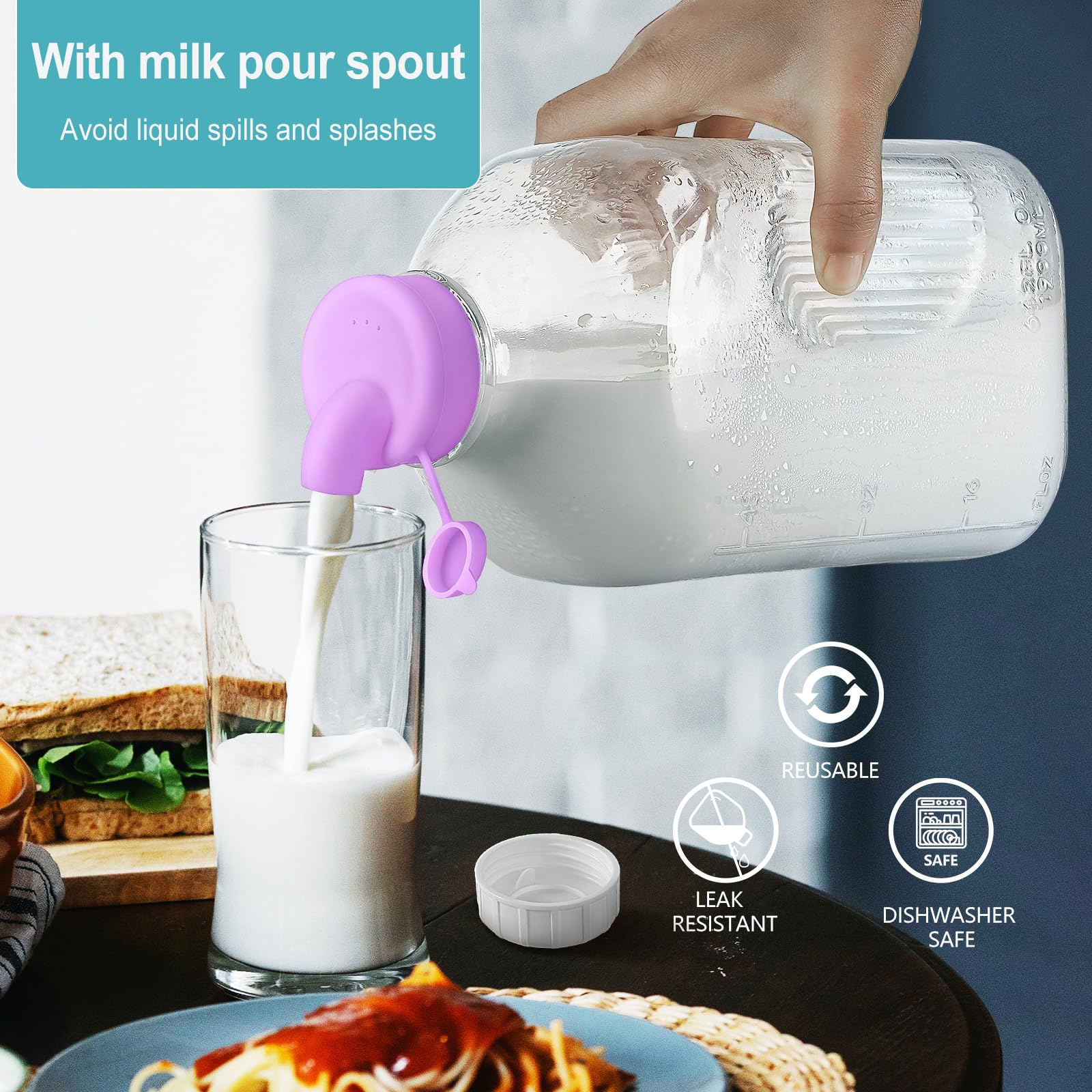2 Pack 64 Oz Glass Milk Bottle with Dispenser Cap & Reusable Airtight Screw Lid - Heavy Duty 2 Qt Water Bottle with Measurement Lines - Perfect for Milk, Juice, Iced Tea Storage & Pouring - Ideal for Kitchen, Restaurant, Coffee Shop Use