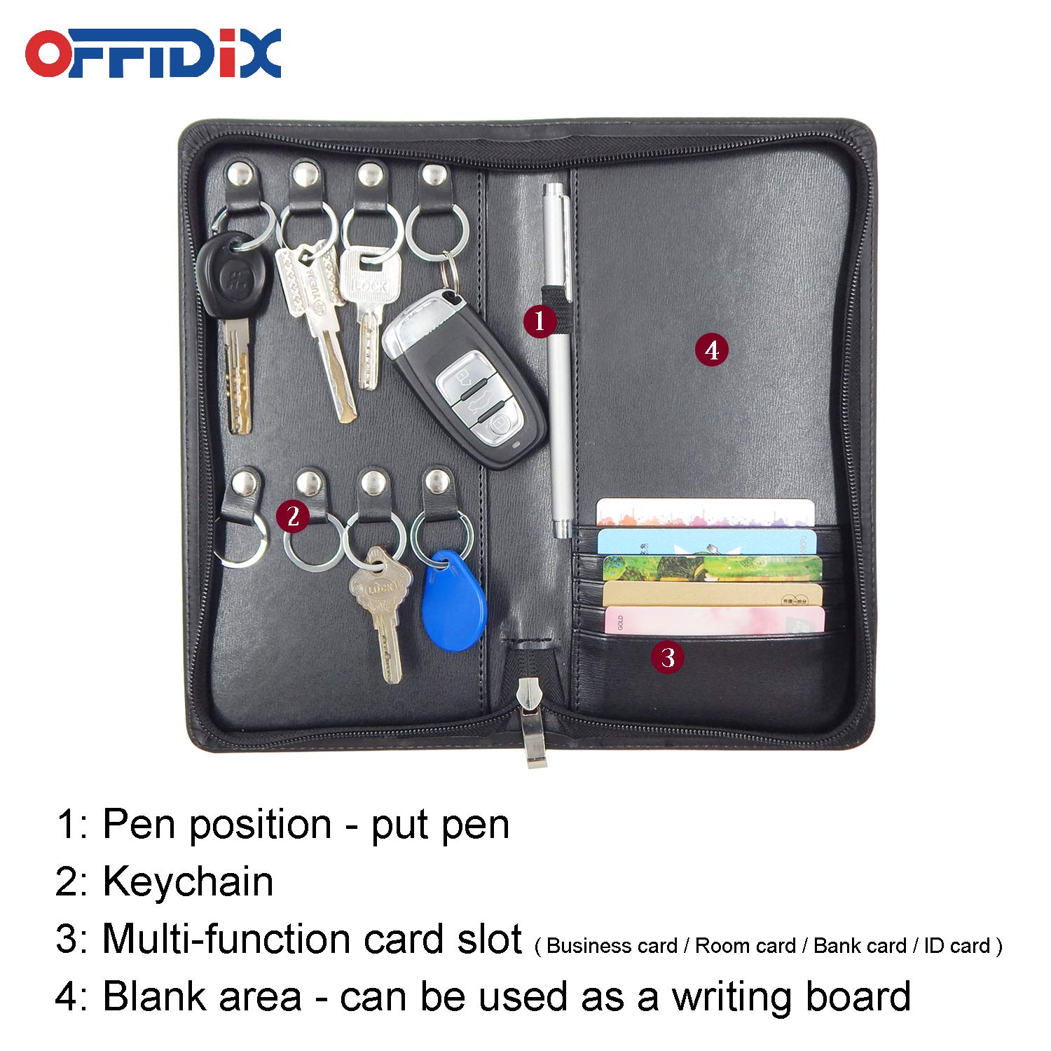 OFFIDIX PU Leather Key Holder Organizer - 8 Key Hooks with Zippered Case for Business Cards, Menus & Documents | Perfect for Real Estate Agents, Hotel Staff & Car Service Professionals | Portable Office & Travel Essential