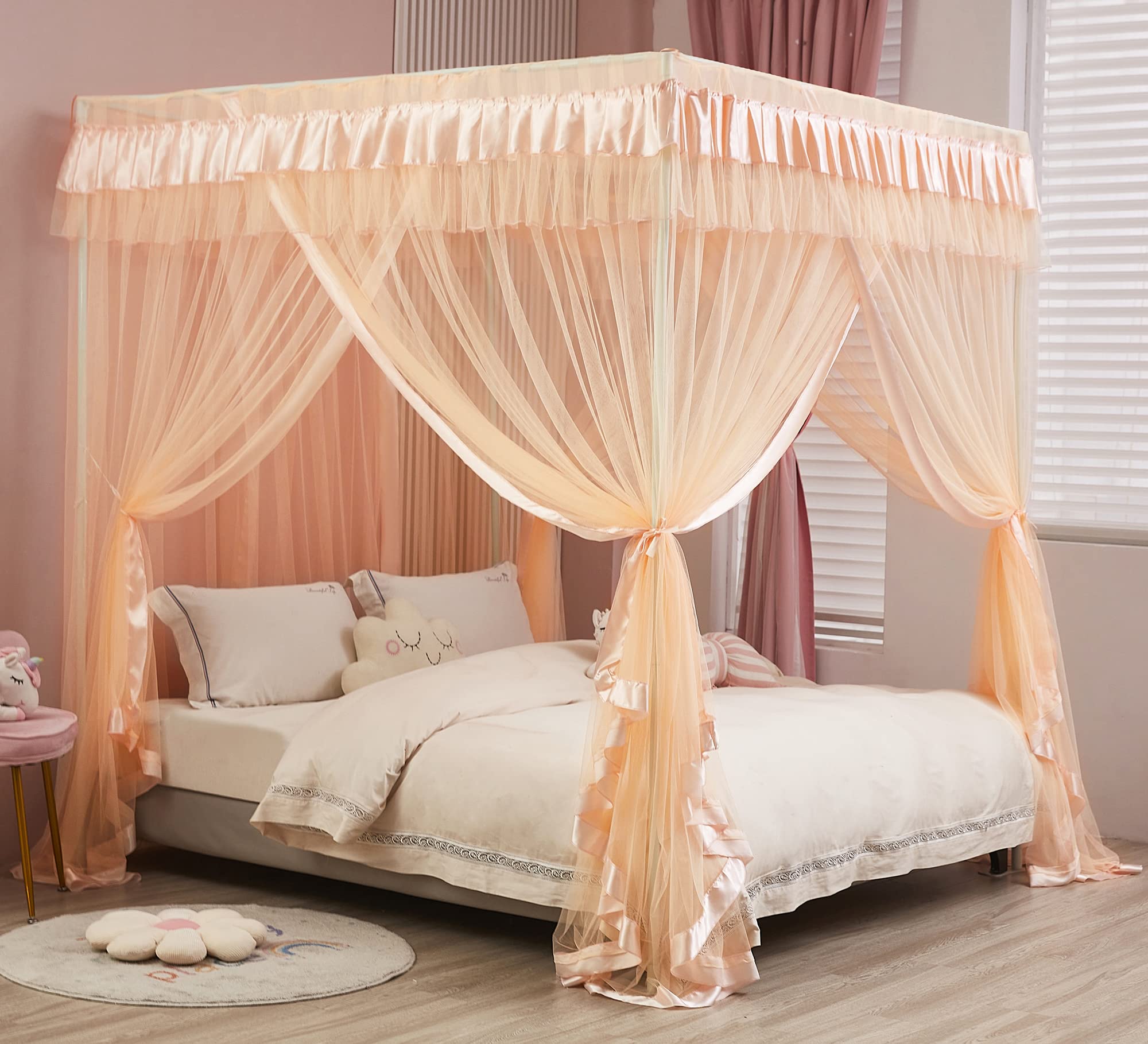 Royal Luxurious Mengersi Canopy Bed Curtains for Girls - Twin Size Peach Bed Drapes, Princess Style Bedroom Decor for Cozy Sleeping & Dreamy Room Makeover