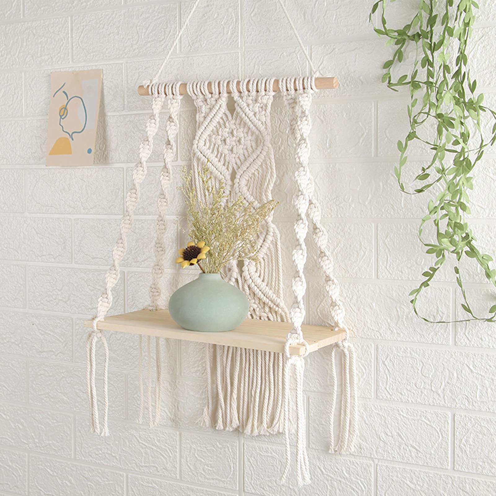 Boho Wall Shelf - Handmade Woven Wood Bohemian Macrame Wall Hanging Shelves for Living Room, Bedroom & Office Decor - Easy to Install Plant Shelf for Home & Indoor Decor