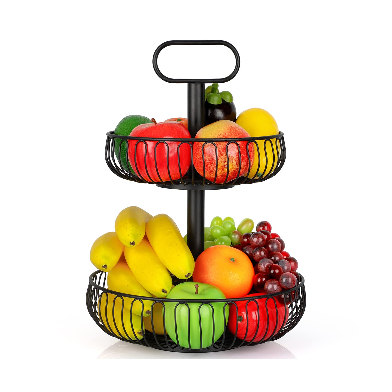 Seiko 2-Tier Black Fruit Basket Bowl - Large Capacity Rust-Proof Kitchen Counter Fruit Tray Rack, Multifunctional Storage for Fruits, Vegetables & Snacks - Perfect for Dining Tables, Pantries & Countertop Organization