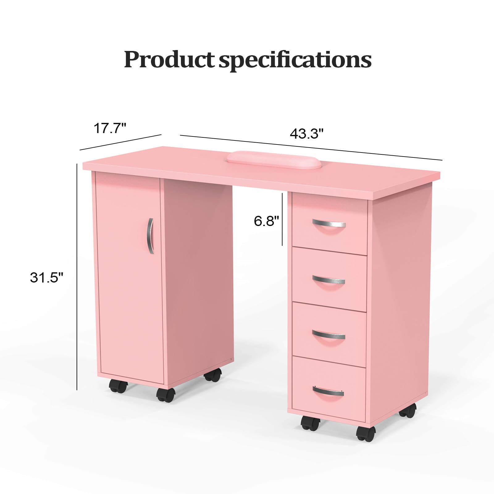 Professional Wooden Manicure Table with Storage Cabinet, 4 Drawers & Wheels - Adjustable Arm Rest Nail Technician Workstation for Salon & Home Use - 43.3