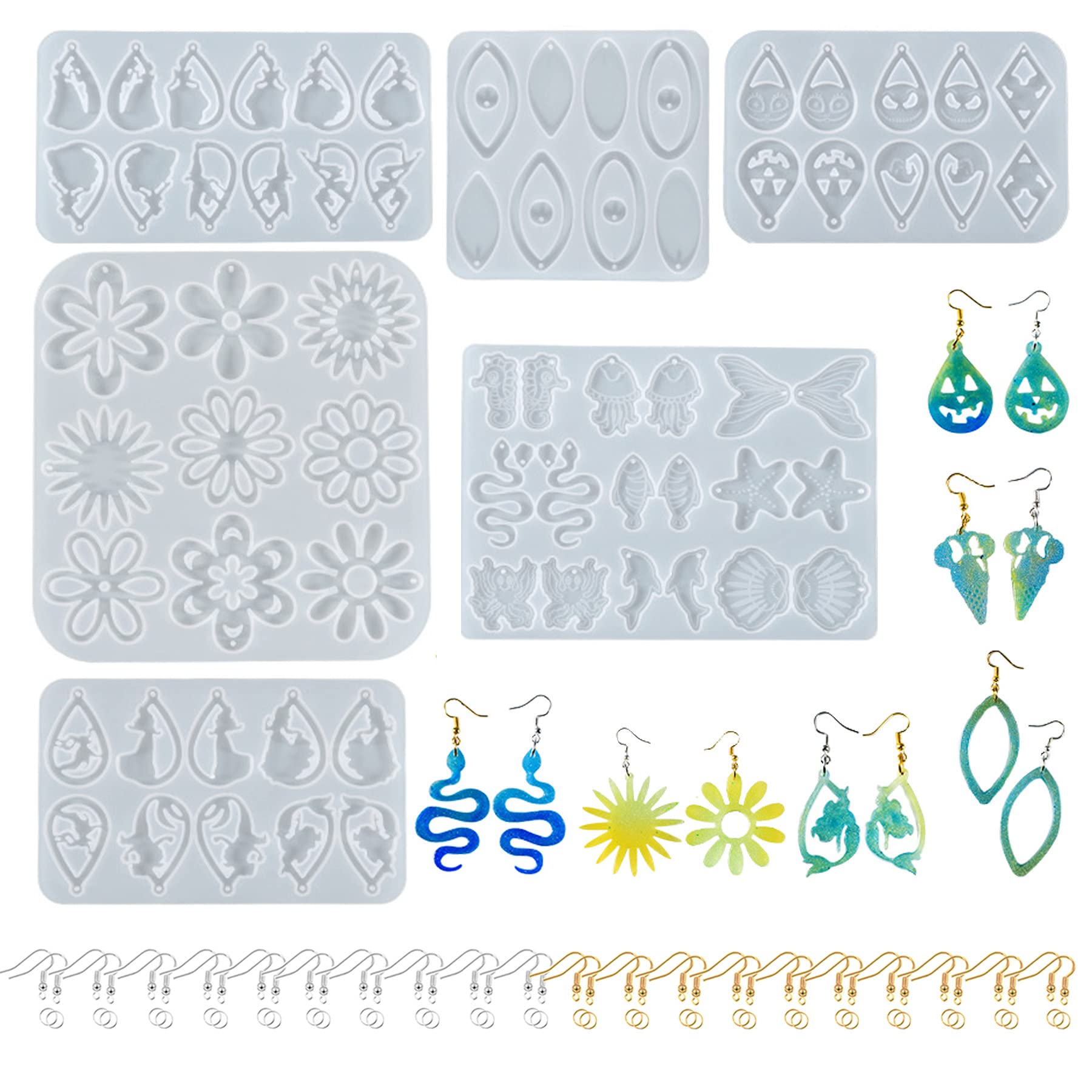 Epoxy Resin Earring Molds Set - 6PCS Halloween Flower & Sea Animal Silicone Molds with Ear Hooks & Jump Rings for DIY Jewelry Making, Resin Crafts - Perfect for Halloween Costumes, Beach Parties & Handmade Gifts